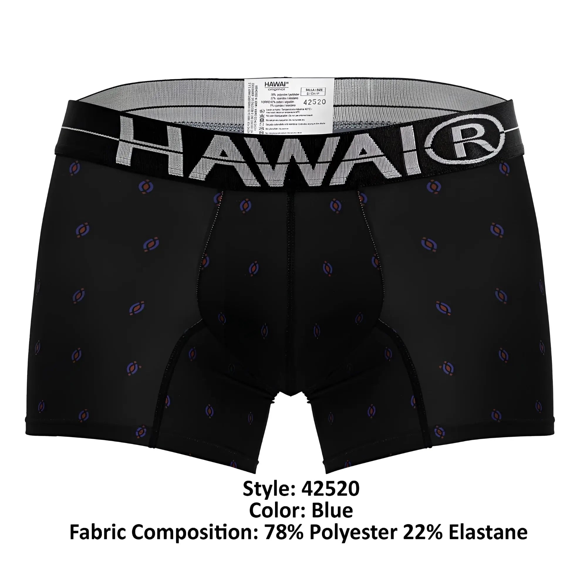 Black men’s microfiber boxer briefs in black with purple and blue circular patterns and gray hawai waistband