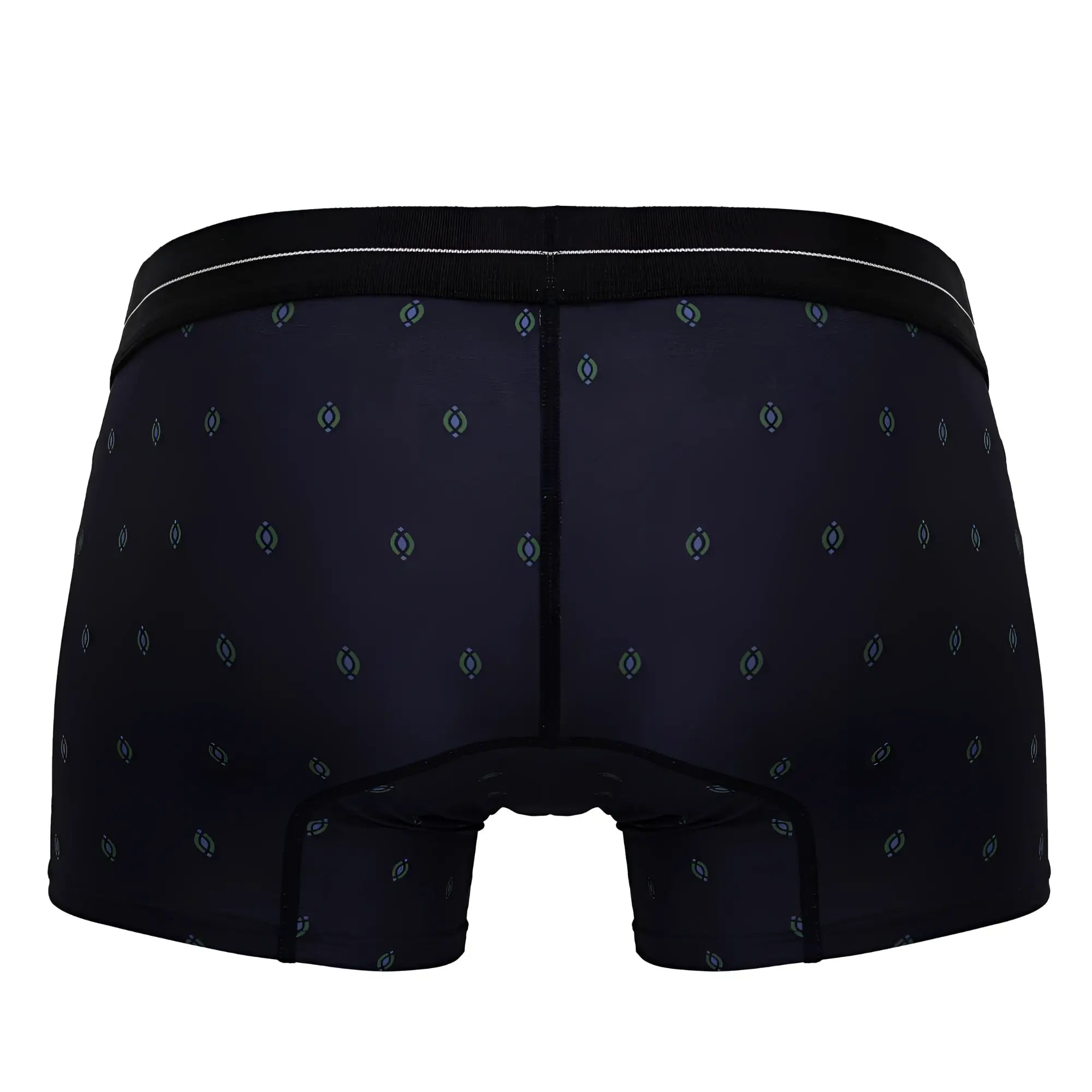 Hawai 42520 printed microfiber trunks in dark blue with black boxer briefs featuring blue and gray geometric shapes
