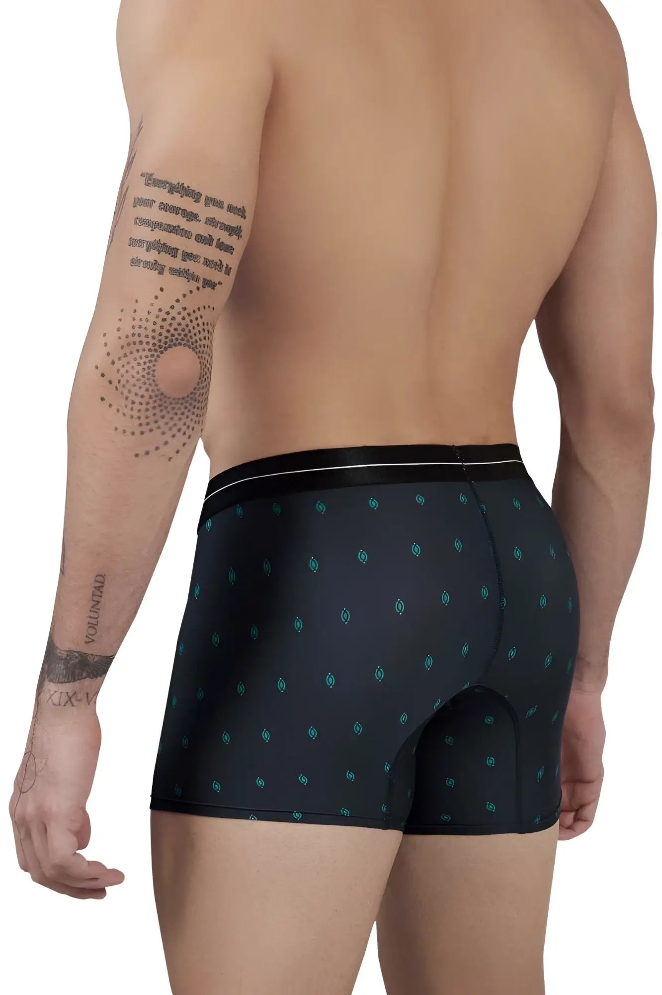 Black HAWAI 42520 printed microfiber boxer briefs with subtle teal geometric pattern and black waistband in dark blue color