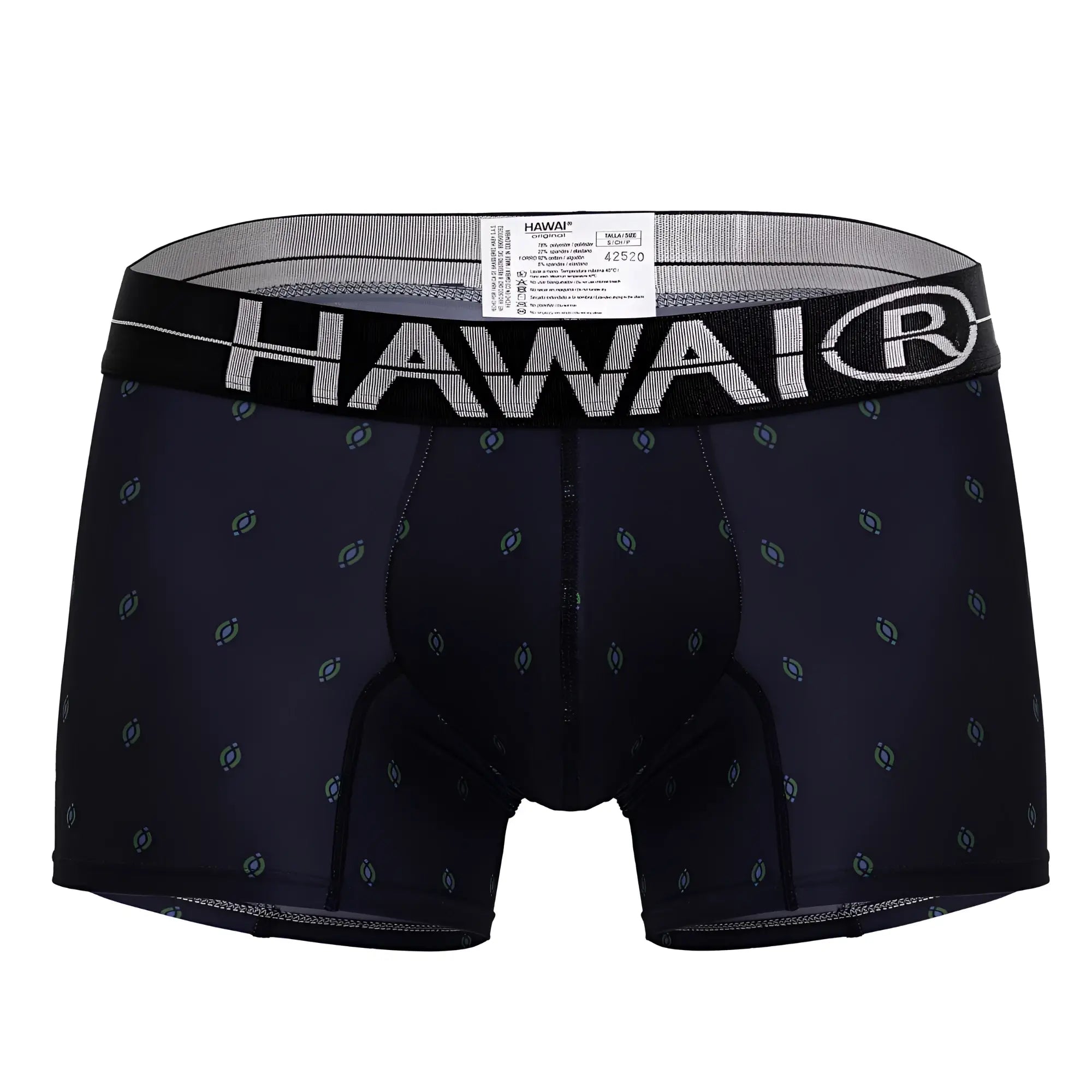 Black hawaiian microfiber boxer briefs with a subtle gray pattern and white hawaii branding on the waistband in dark blue