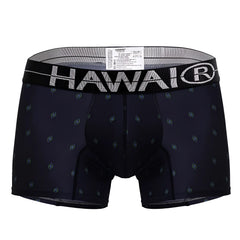 Black hawaiian microfiber boxer briefs with a subtle gray pattern and white hawaii branding on the waistband in dark blue