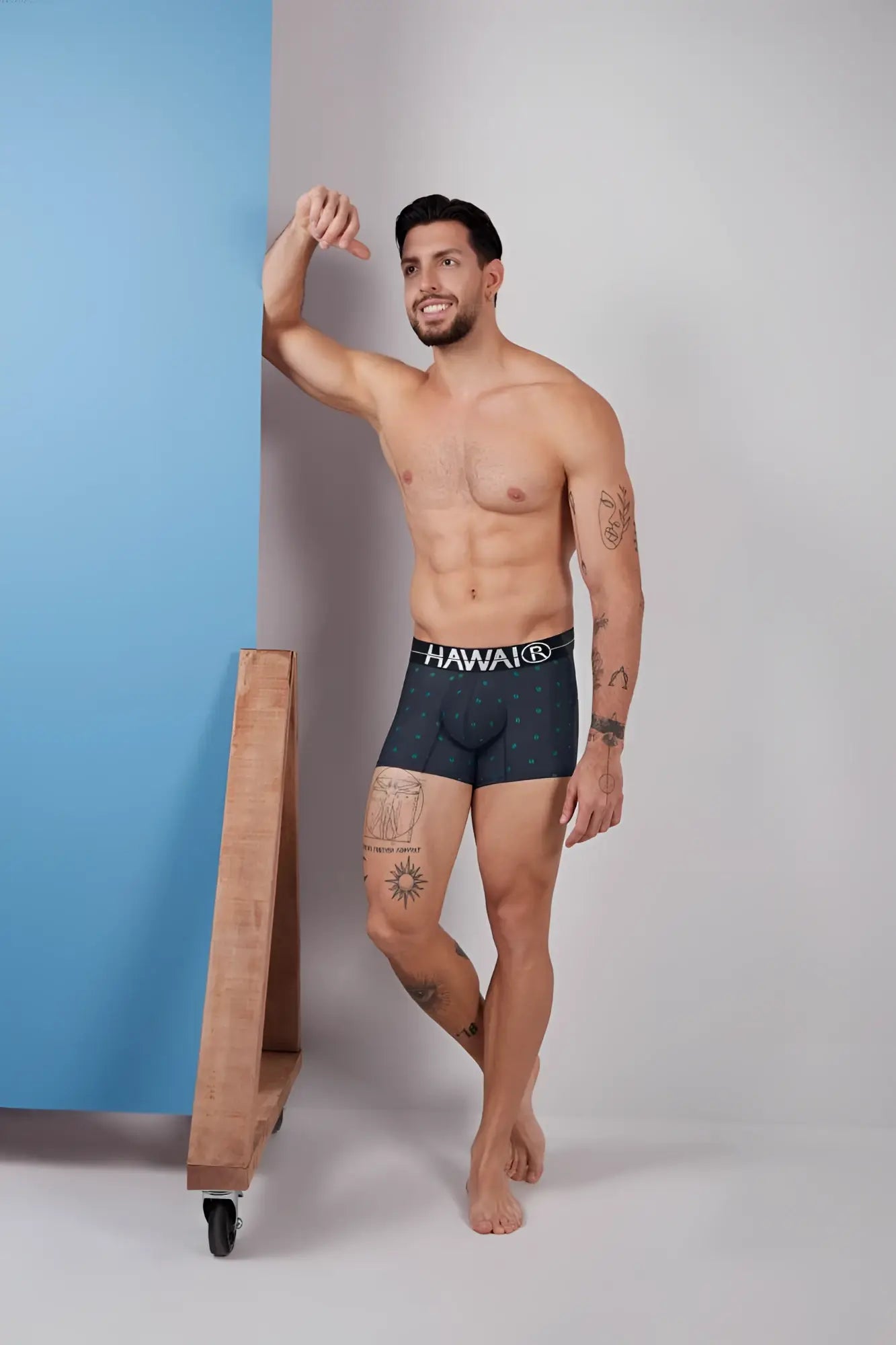 Dark blue hawaiki 42520 printed microfiber boxer briefs with subtle pattern and white waistband branding
