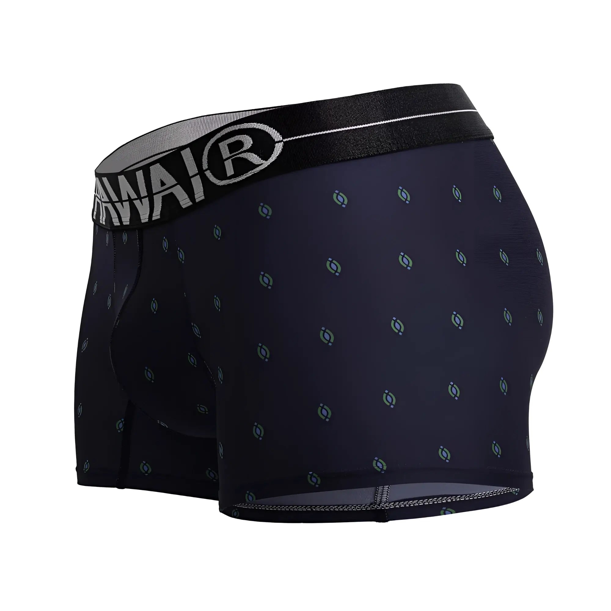Dark navy hawa 42520 printed microfiber trunks with light blue gray circular motifs and black waistband with awai logo