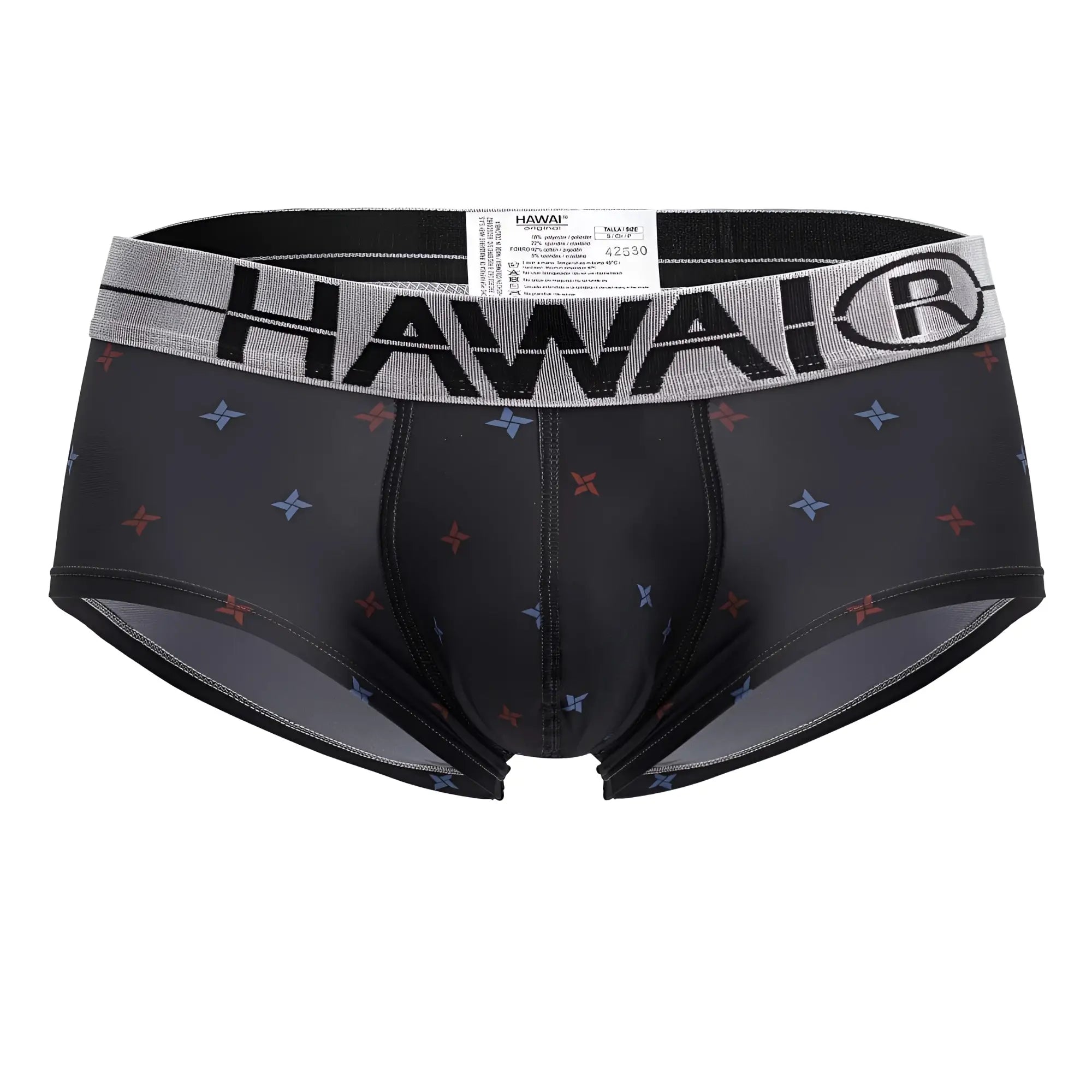 Black hawai men’s microfiber briefs in gray with gray waistband logo and red blue star pattern printed design