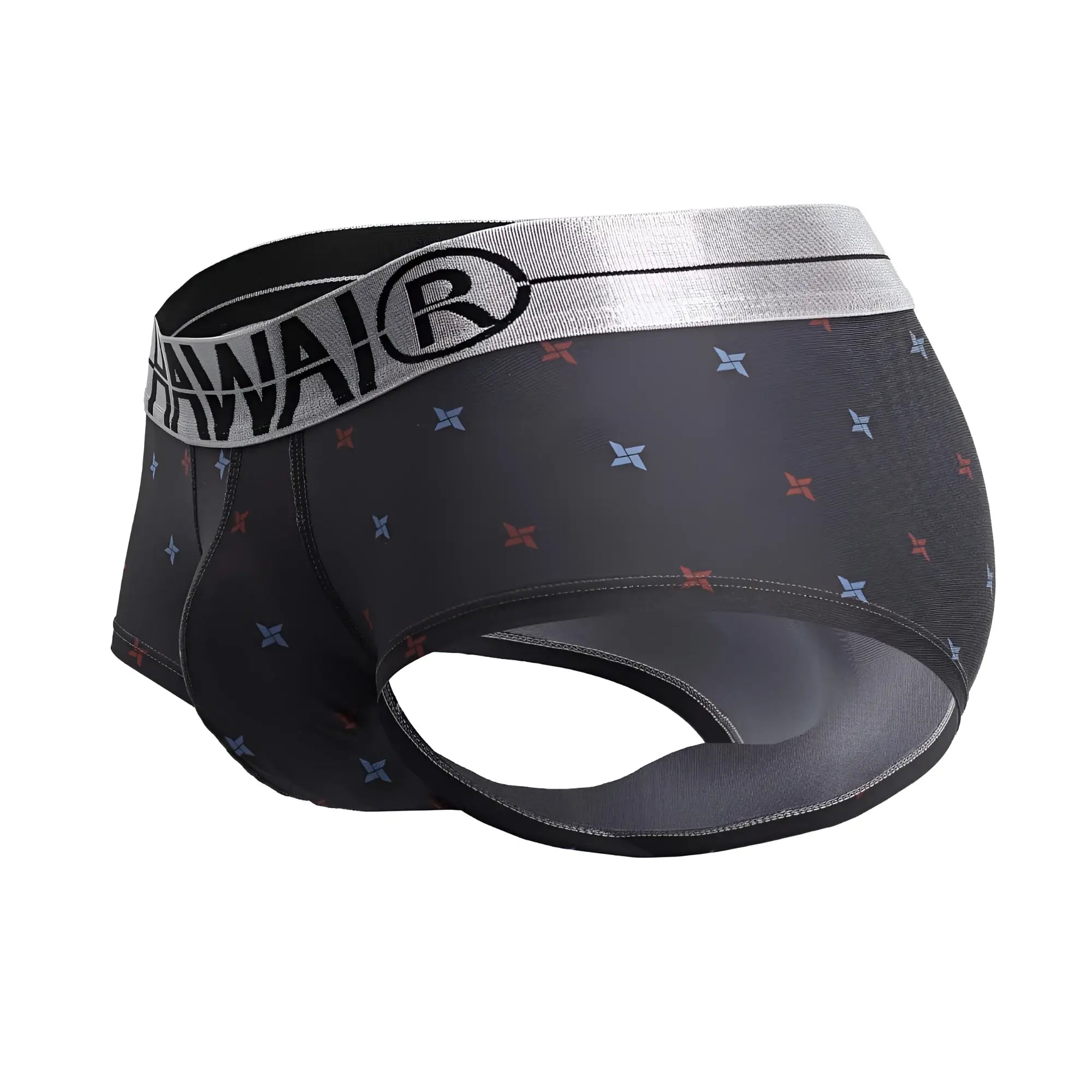 Black men’s briefs in gray microfiber with silver hawai waistband and red blue star patterns in the front view
