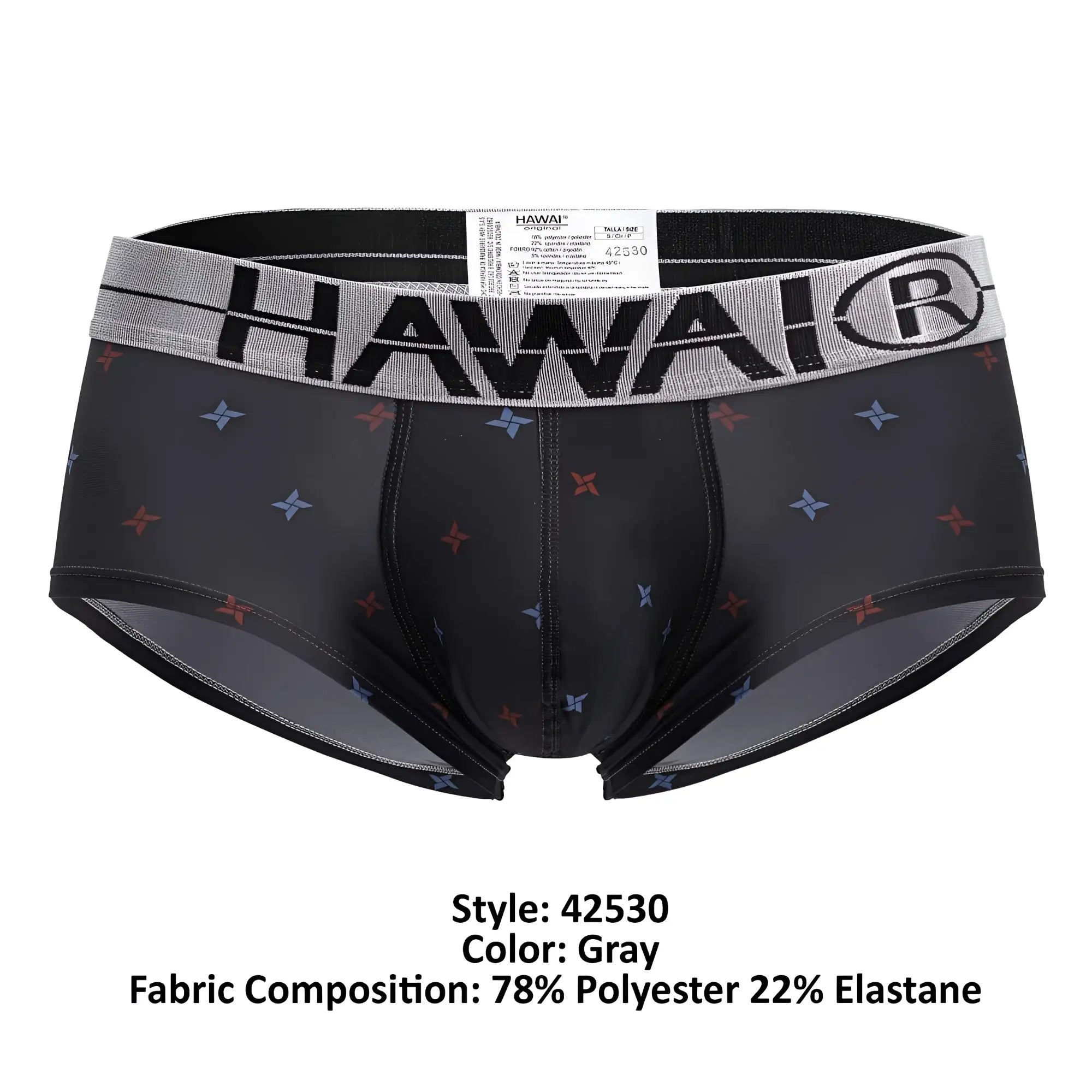 Gray hawai brand men’s microfiber briefs with black waistband hawai logo and red blue star patterns in gray color