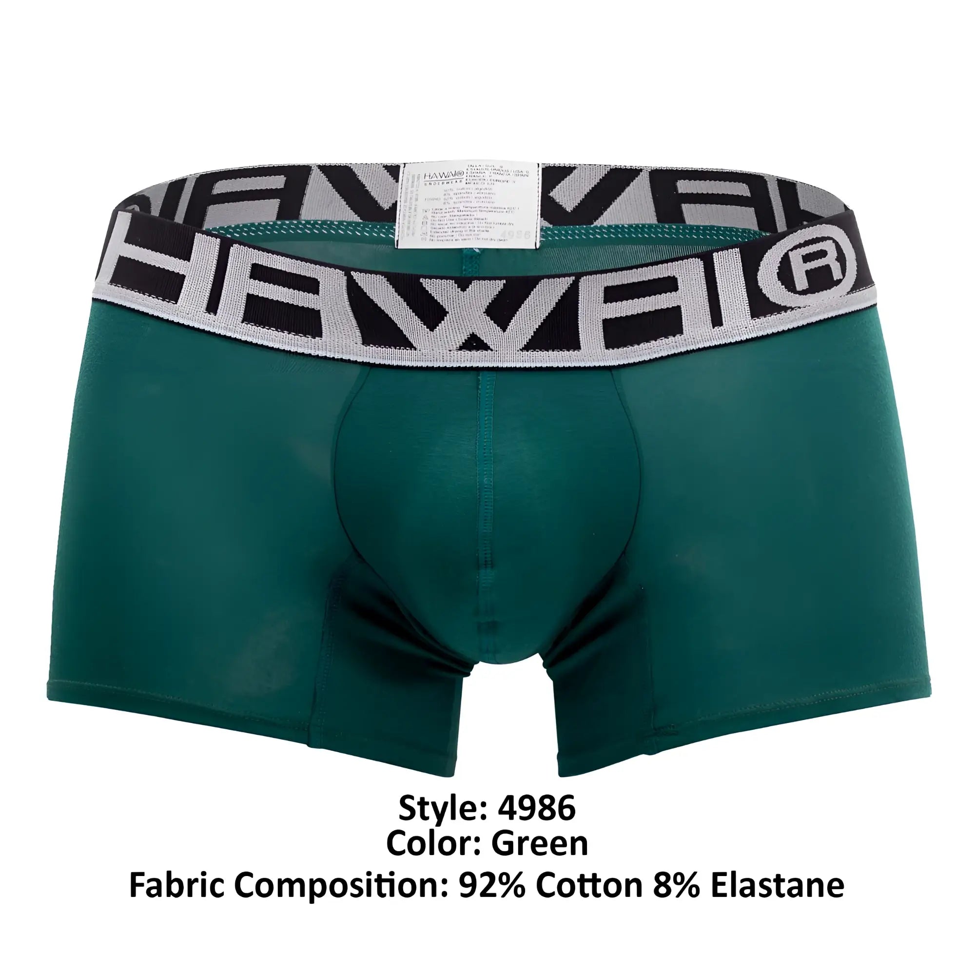 Green Hawaii brand boxer briefs with a black and gray patterned waistband in solid athletic trunks color green