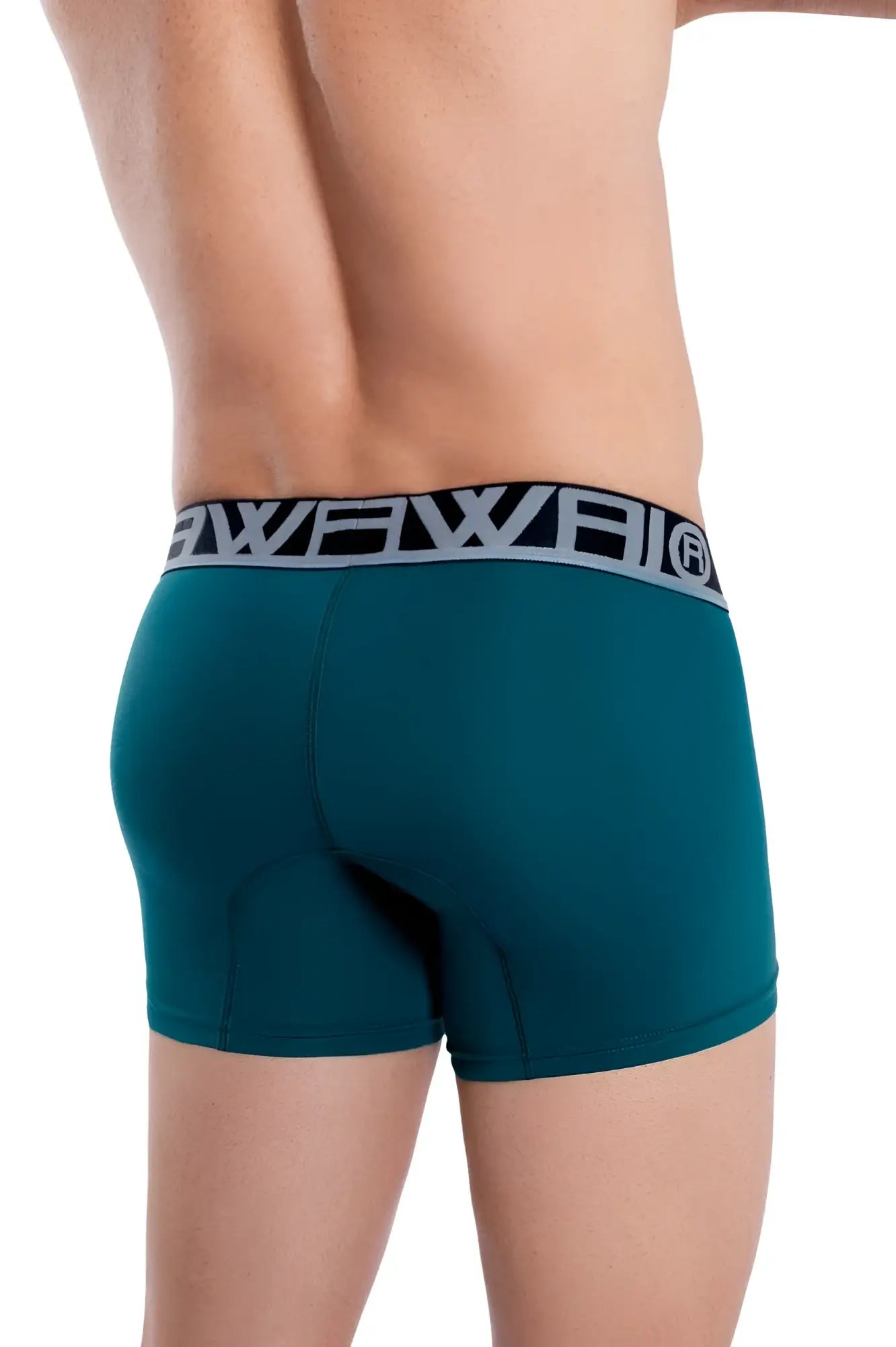 Teal-colored hawai 4986 solid athletic trunks boxer briefs with black and white wewai logo waistband