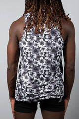 Hawaiian hibiscus print tank with black and white floral pattern fitted sleeveless design for casual wear