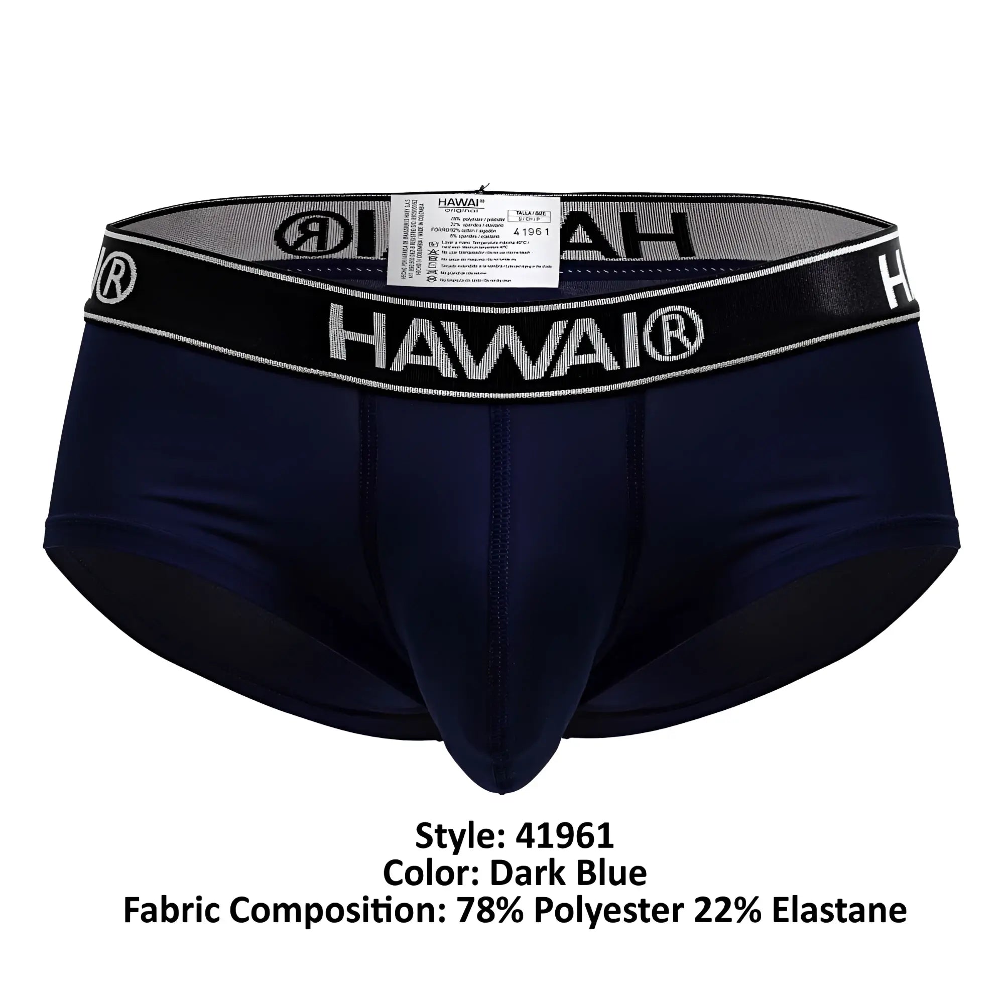 Dark blue hawai 41961 microfiber men’s briefs with black elastic waistband featuring white lettering and logo
