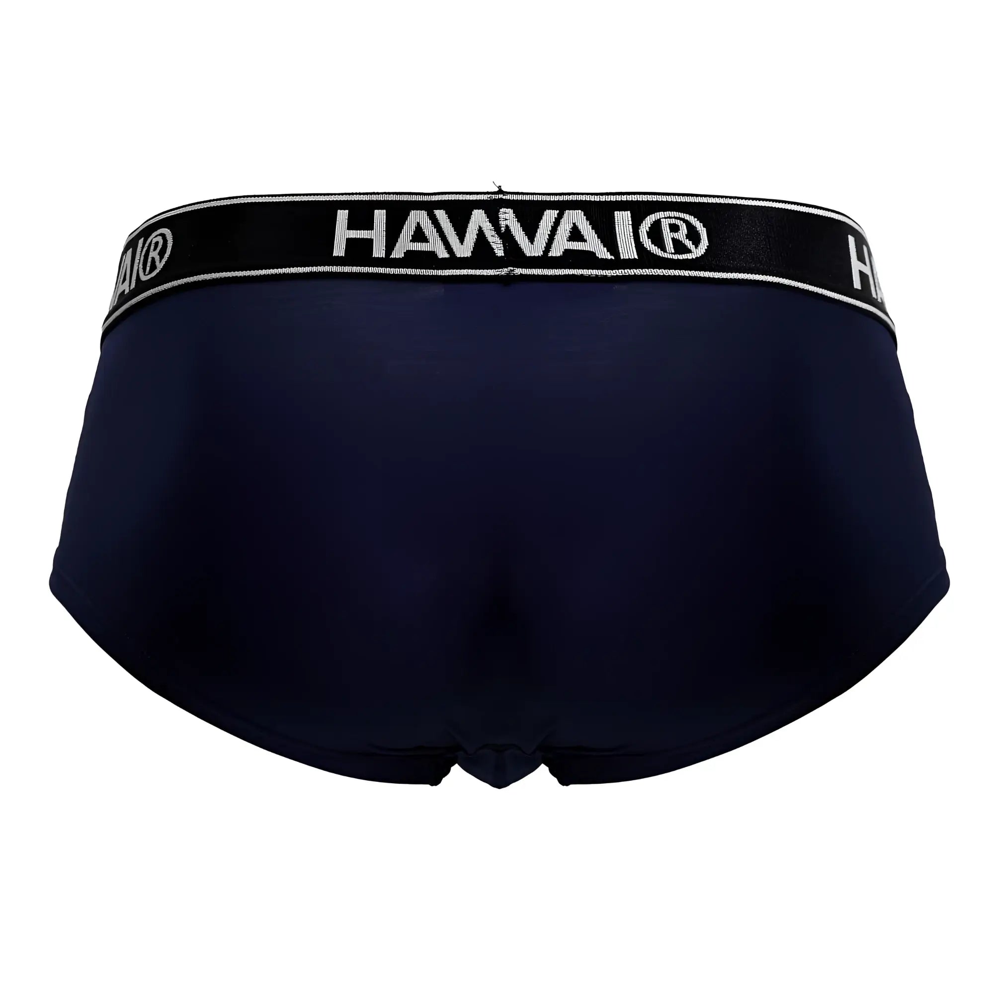 Navy blue Hawai microfiber briefs with black waistband and white embroidered lettering in color dark blue