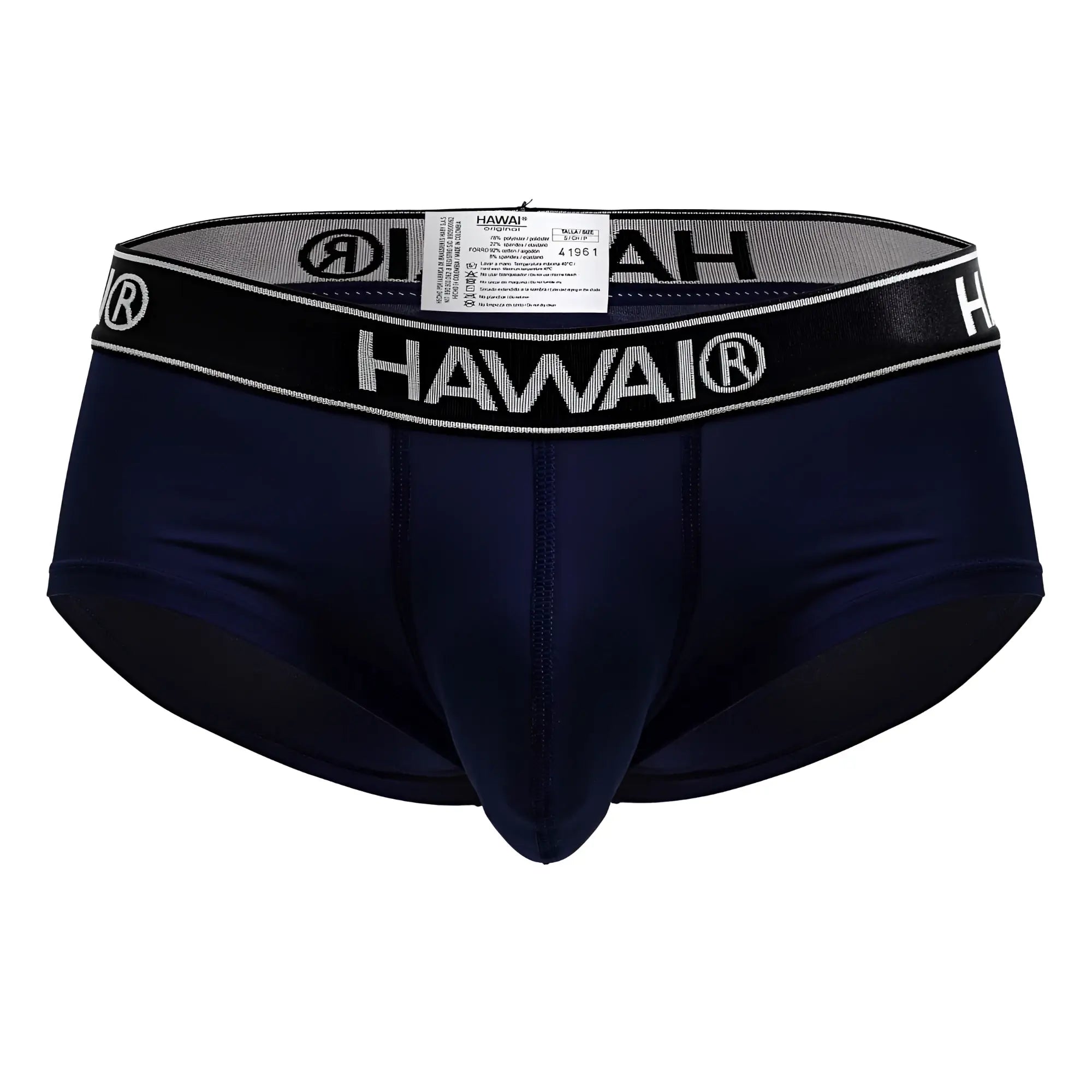 Navy blue Hawai 41961 men’s microfiber briefs with black elastic waistband and white lettering and trim