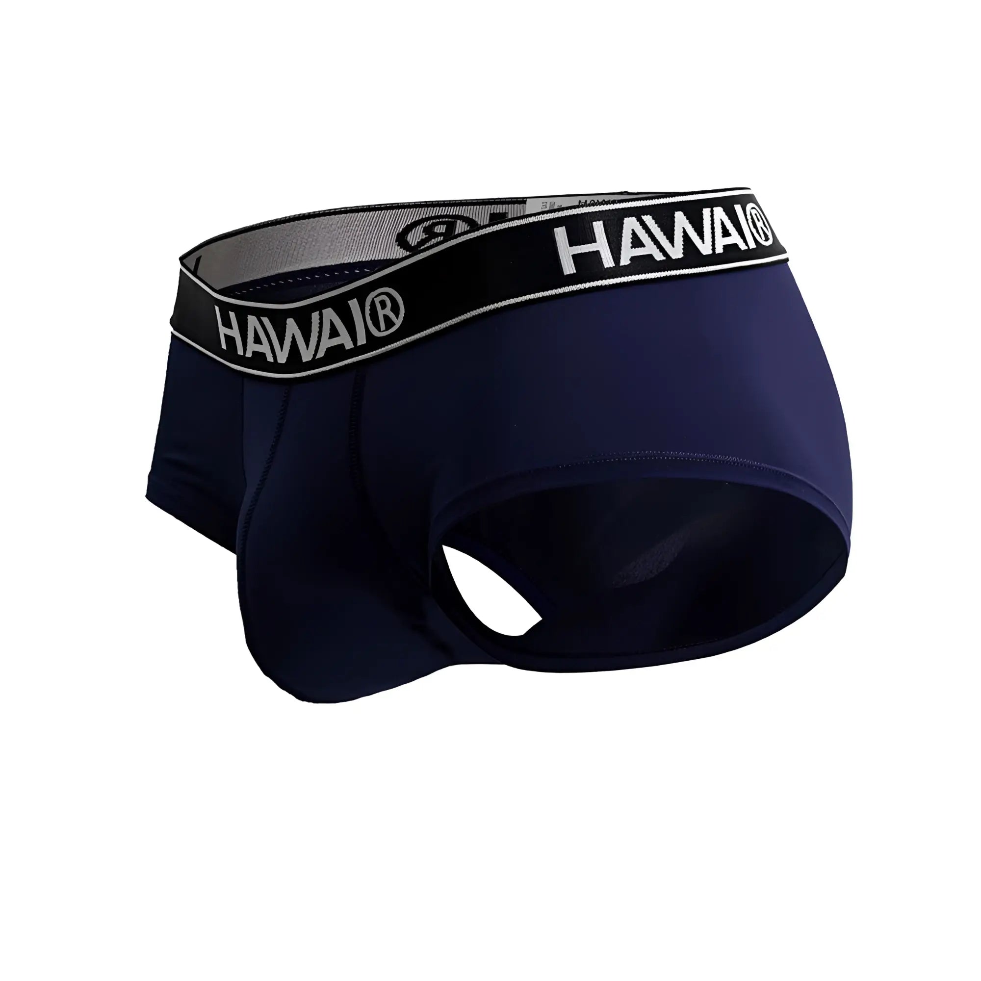 Navy blue hawai microfiber men’s briefs with a black and white elastic waistband for comfortable wear