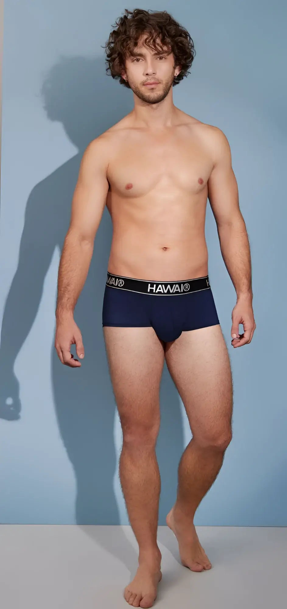 Navy blue hawaii microfiber briefs with black elastic waistband and white lettering in a dark blue color