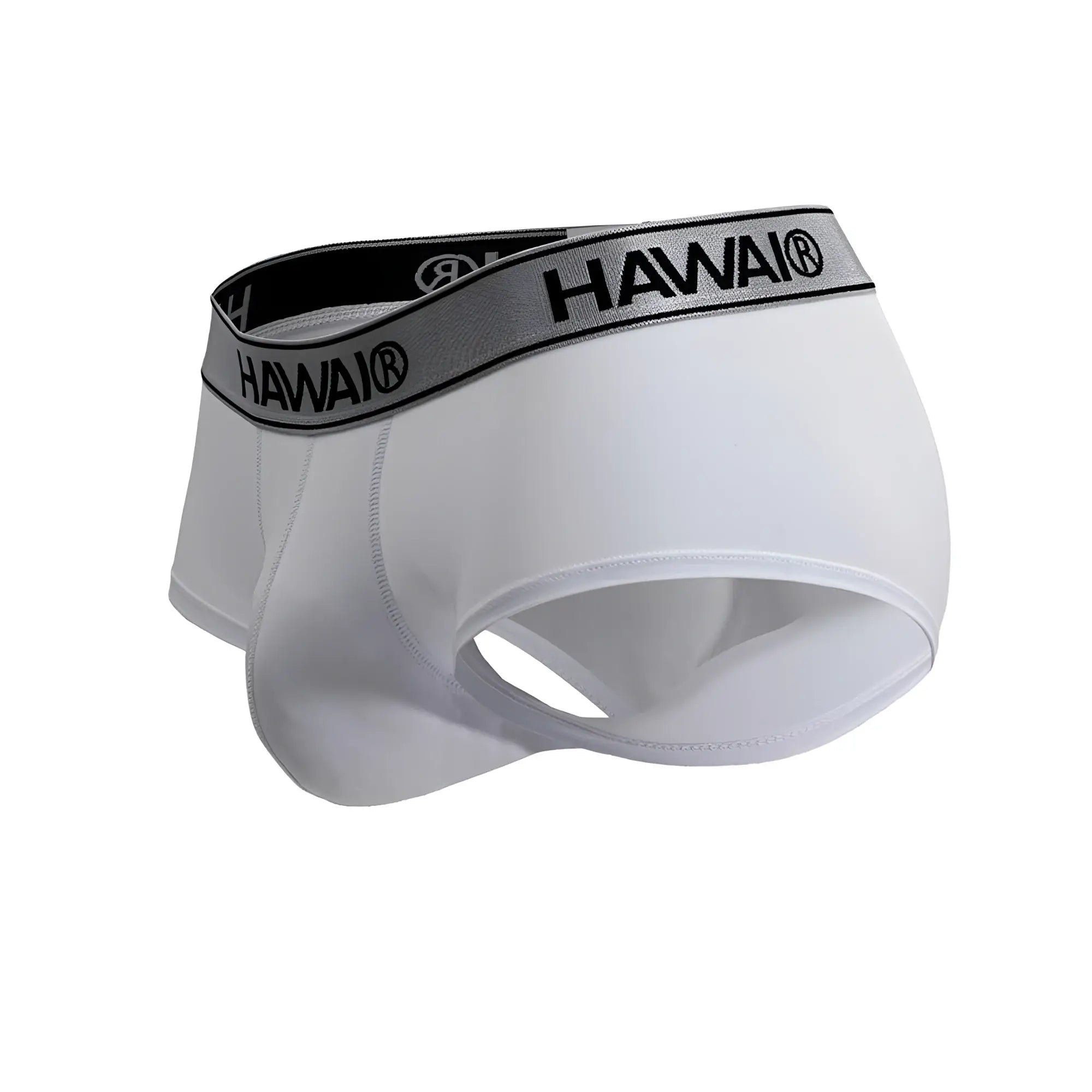 White hawai microfiber briefs in white with a black and gray elastic waistband featuring the hawai logo