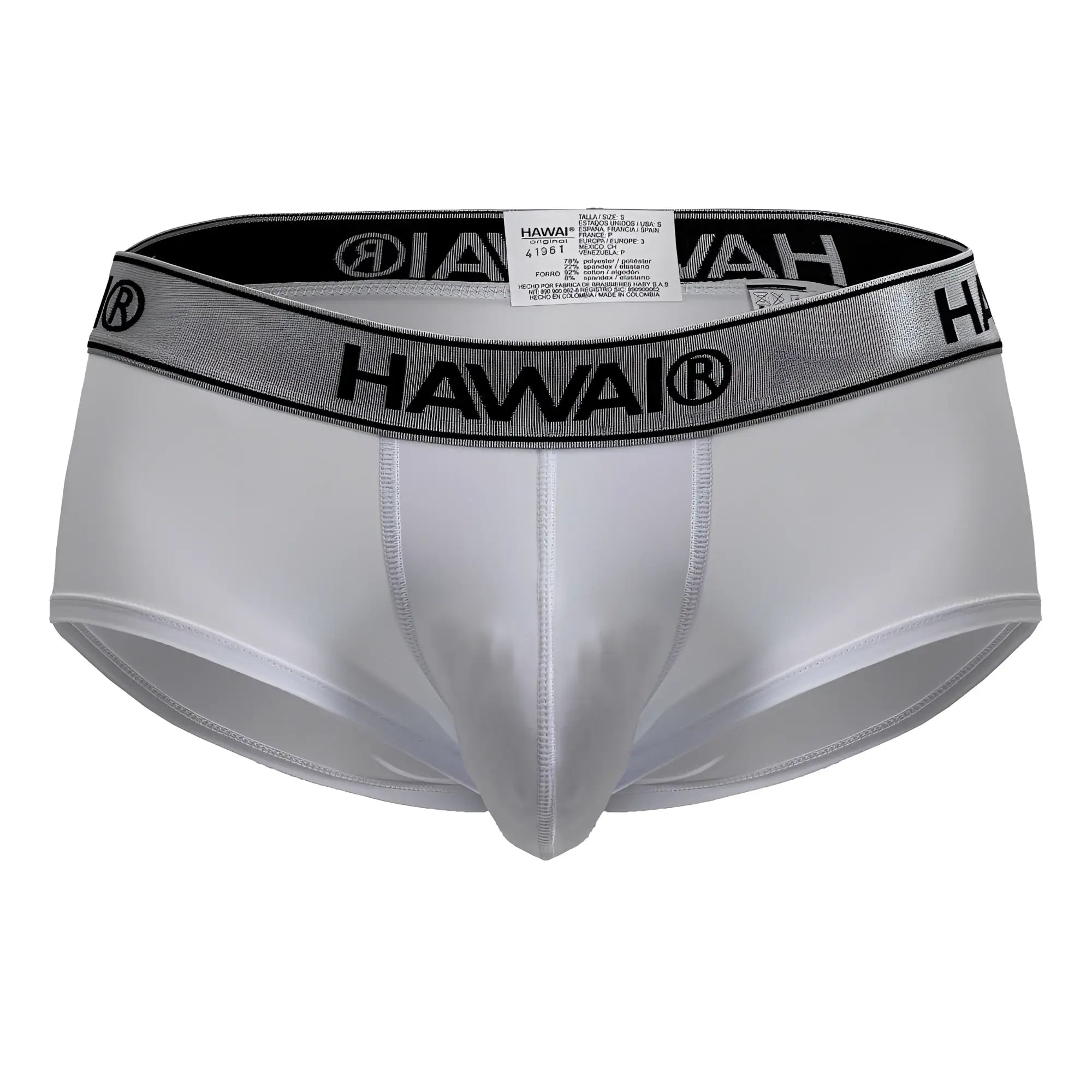 White Hawai microfiber briefs with silver and black elastic waistband in color white showing the front side