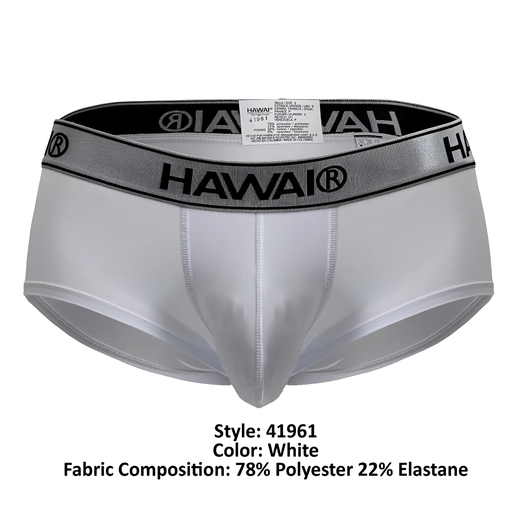 White Hawai 41961 microfiber men’s briefs with silver elastic waistband featuring black lettering and logo