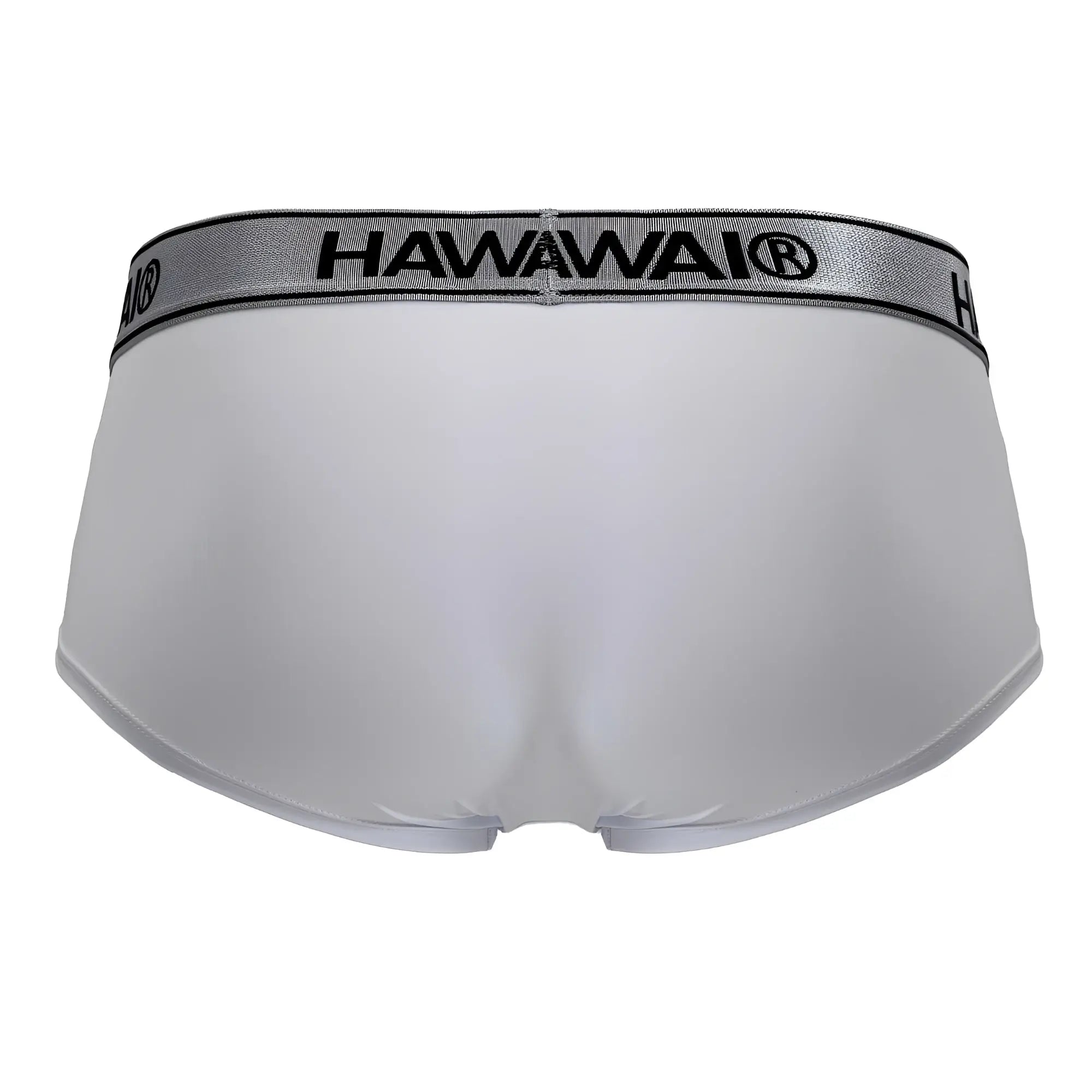 White hawaii brand microfiber briefs in white with a silver waistband featuring black lettering