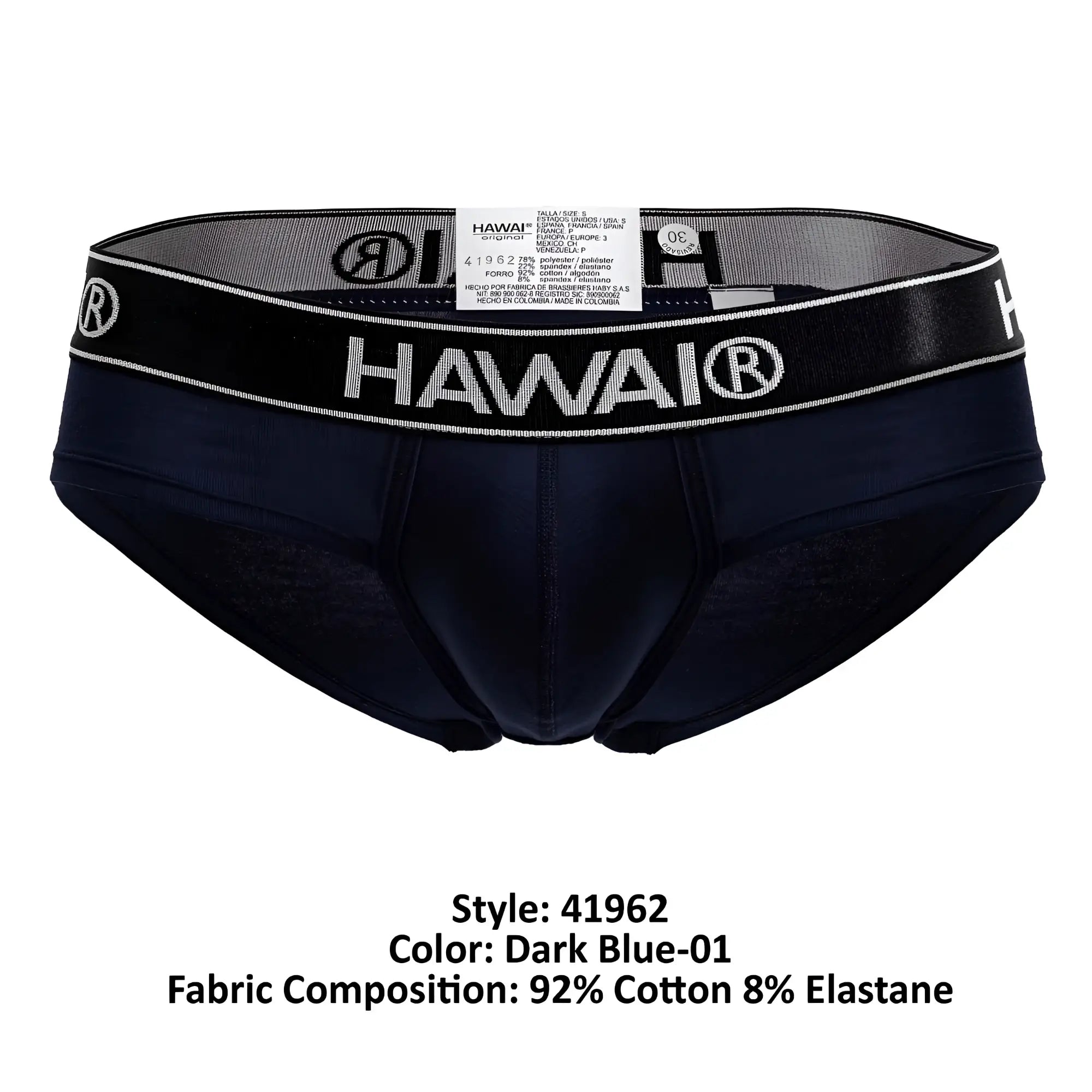 Dark blue hawai 41962 cotton blend men’s briefs with black elastic waistband featuring white lettering and logo