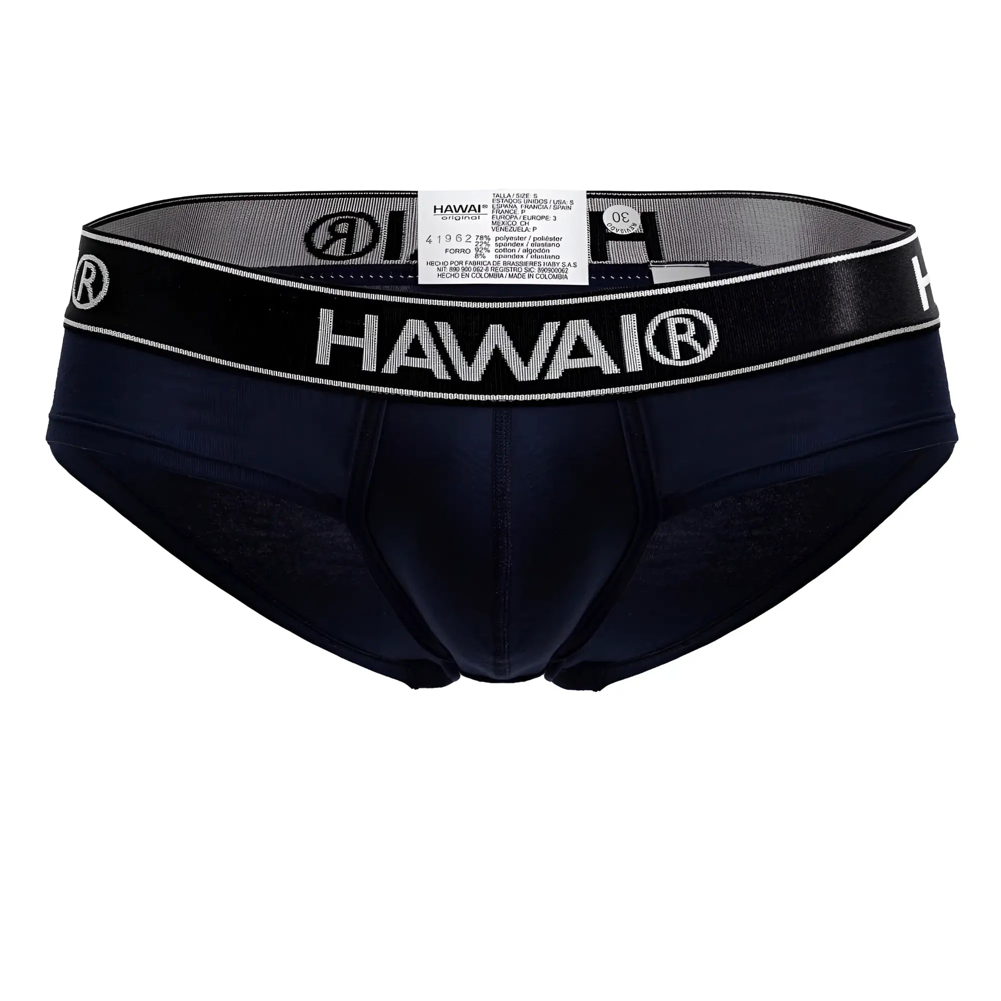 Navy blue Hawai 41962 cotton blend briefs with black elastic waistband featuring white lettering and logo details