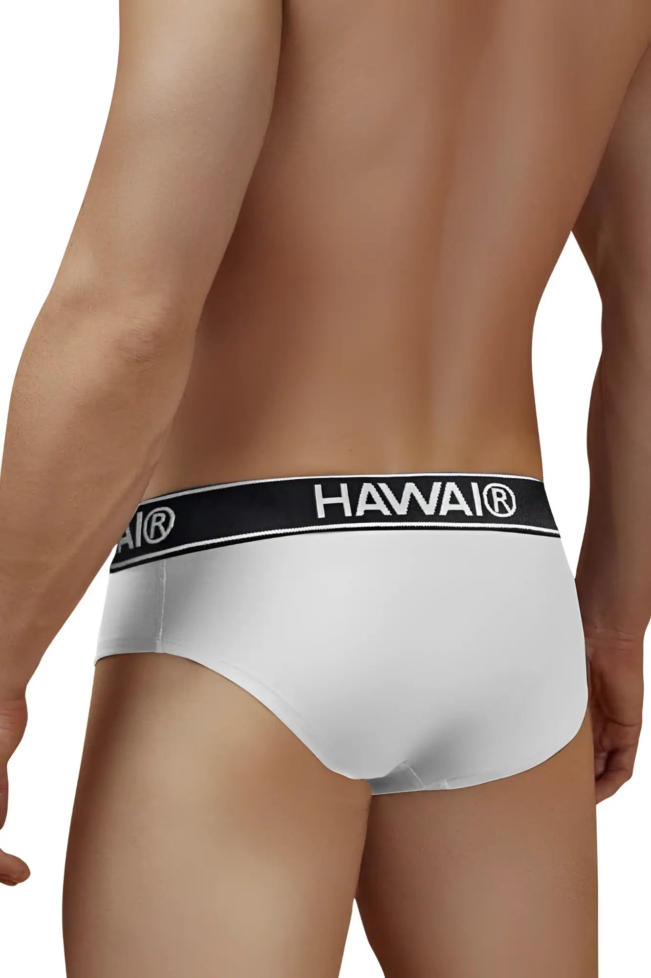 White havai cotton blend briefs in white with a black elastic waistband featuring the havai logo in white lettering