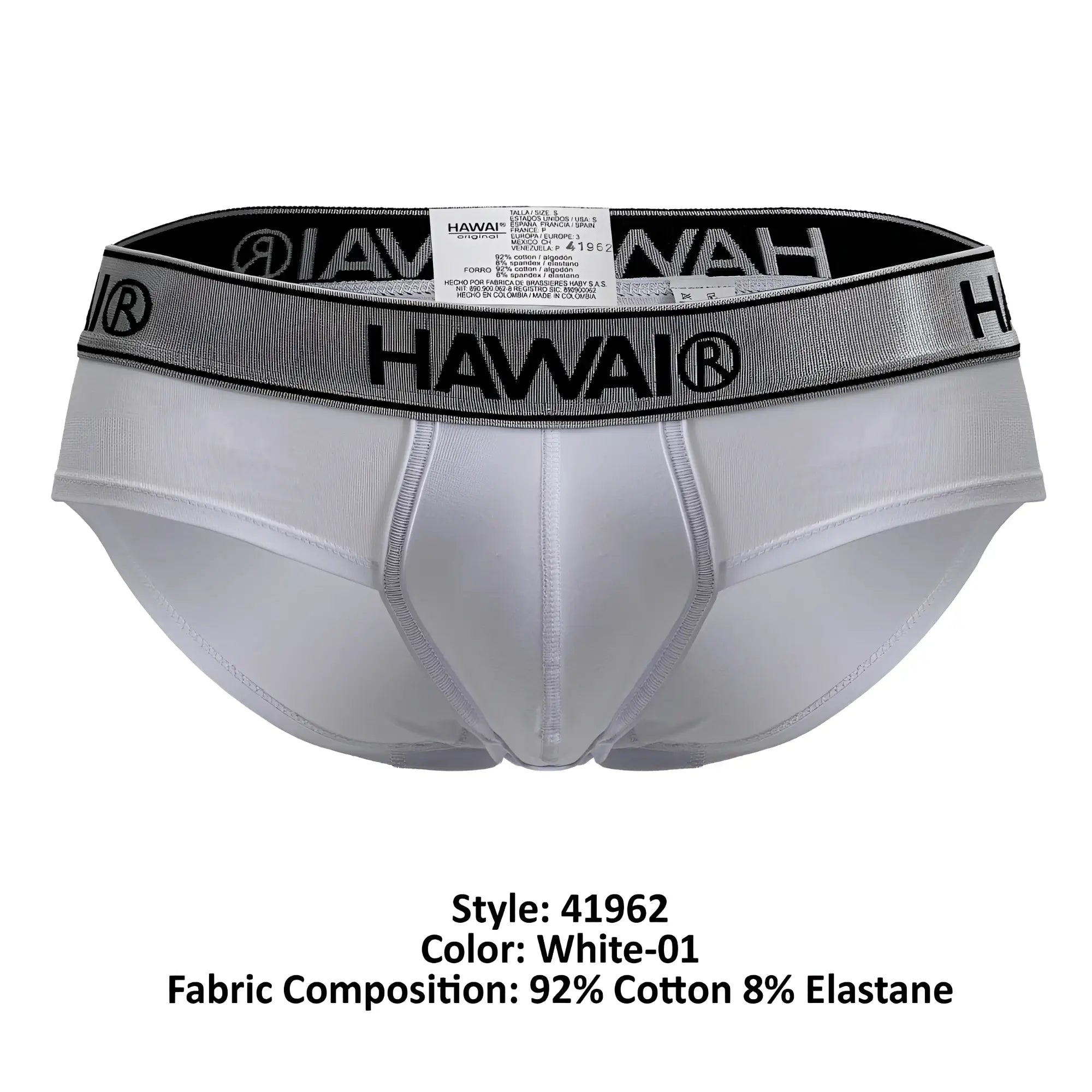 White hawai cotton blend men’s briefs in white with a silver and black elastic waistband featuring the brand logo