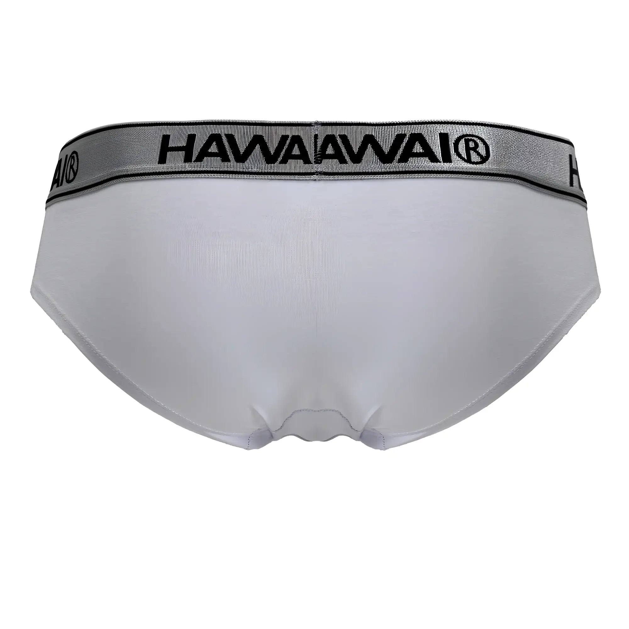 White Hawaiwai brand cotton blend briefs with gray elastic waistband and black lettering color white 01