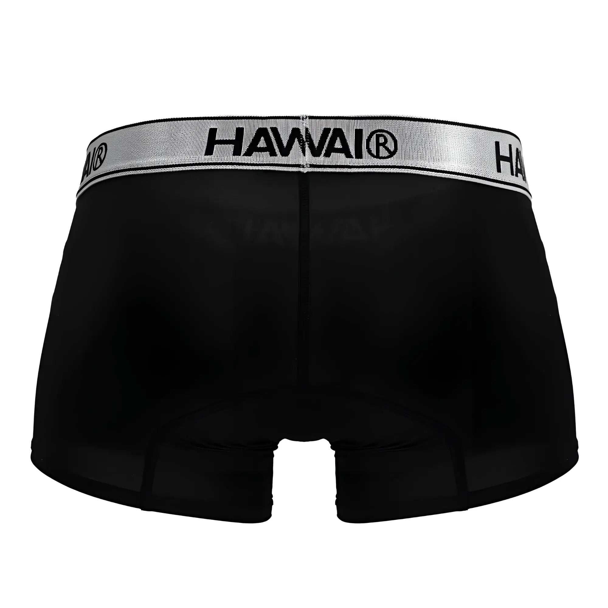 Black hawai microfiber boxer briefs in black with a silver waistband featuring bold black lettering