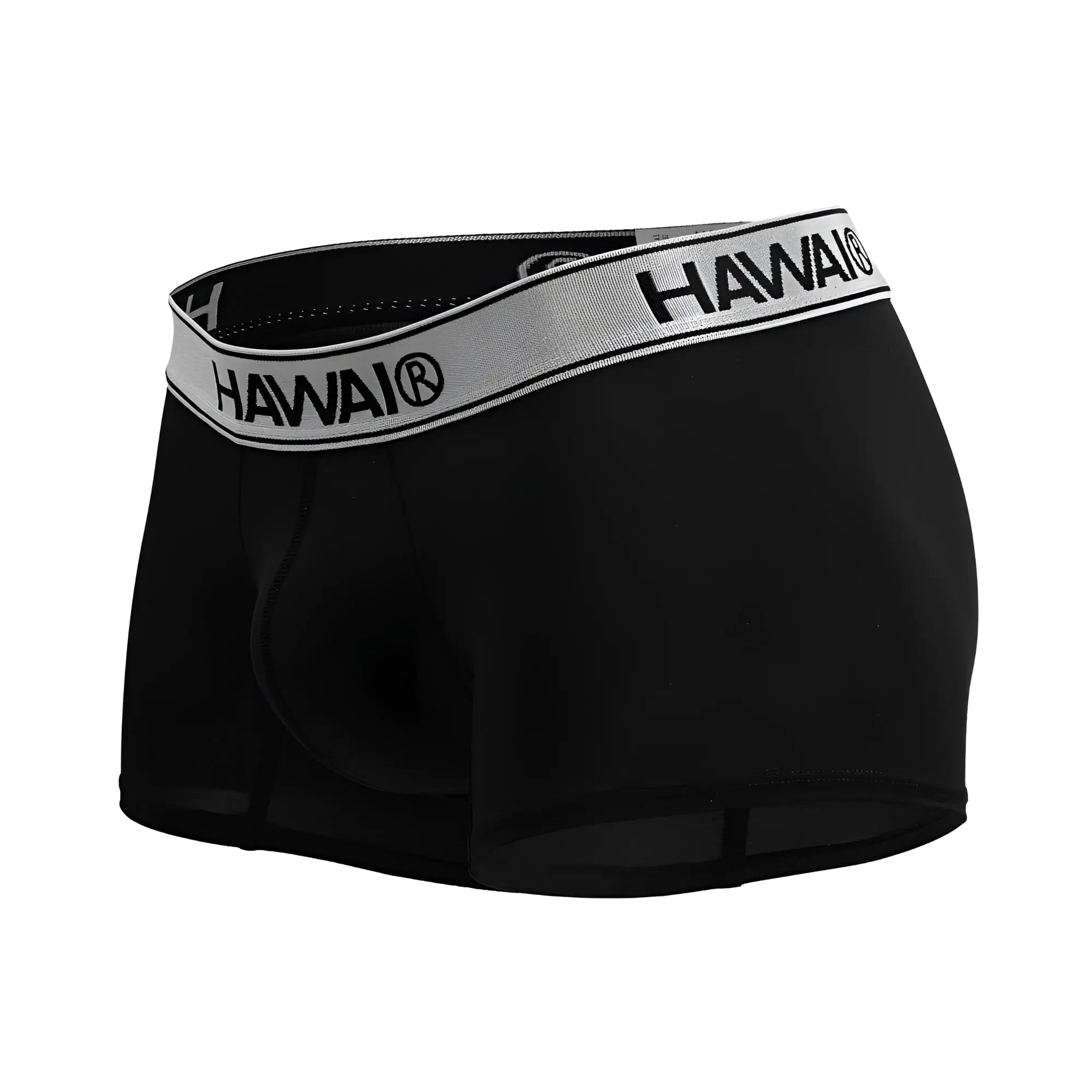 Black hawai microfiber trunks in black with a gray waistband featuring black brand name lettering