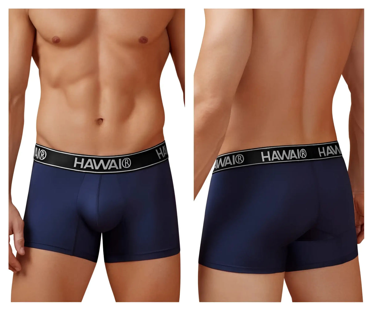 Navy blue Hawai 41977 microfiber men’s briefs with black elastic waistband featuring white lettering