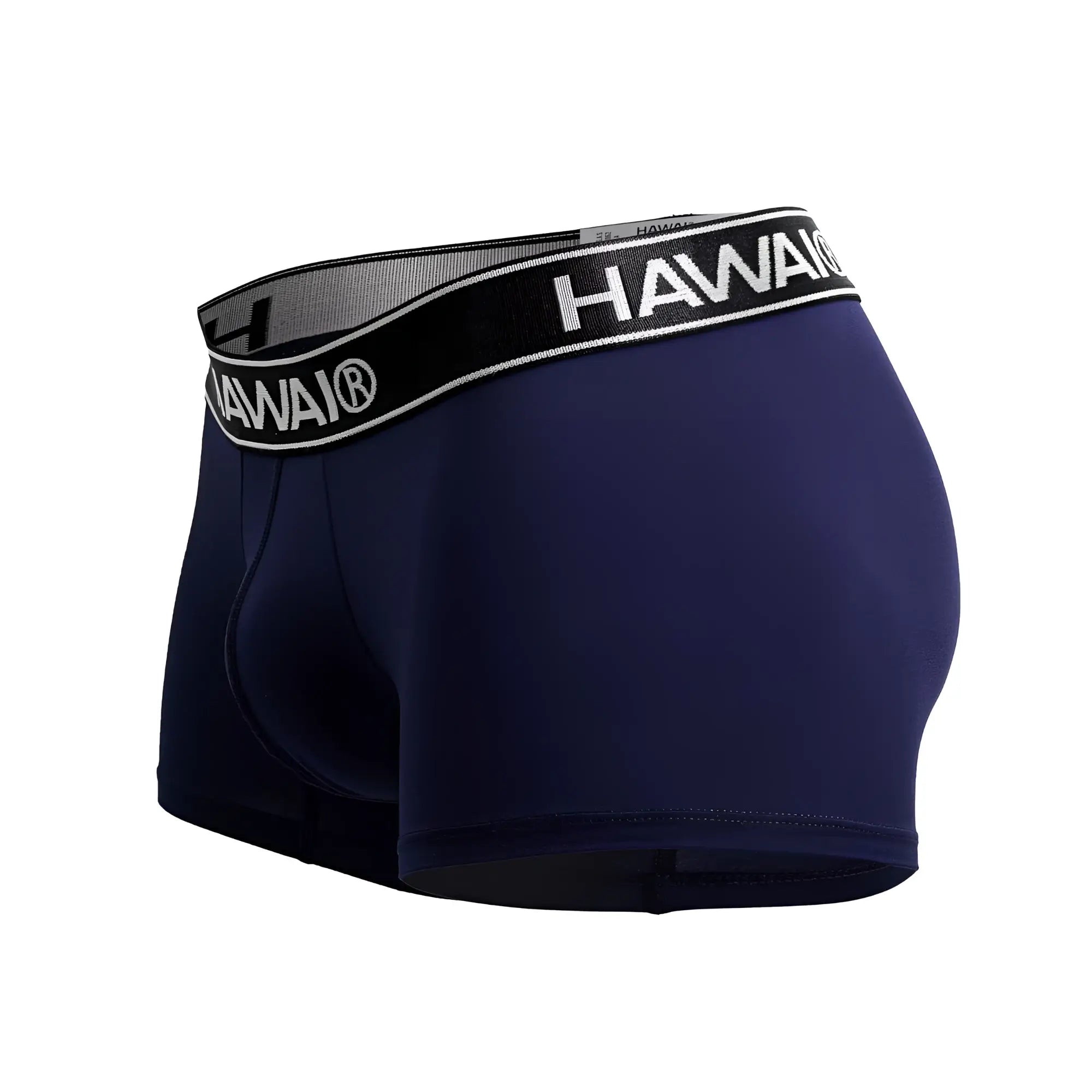 Navy blue Hawai men’s microfiber boxer briefs with black and white elastic waistband for comfortable everyday wear