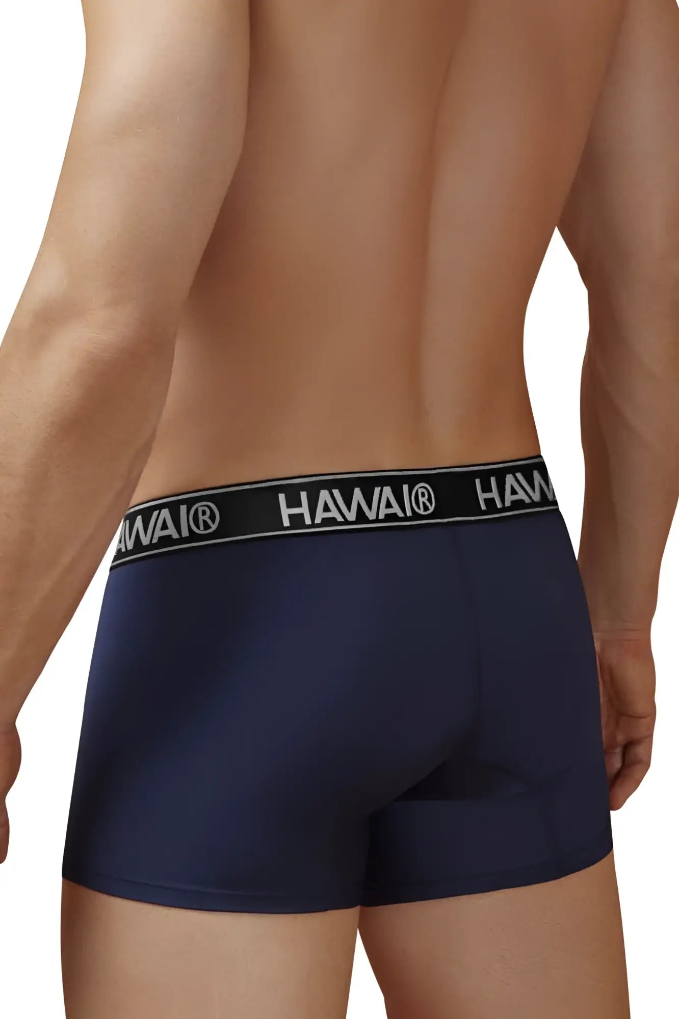 Navy blue hawaii brand microfiber briefs with black elastic waistband featuring white lettering front view