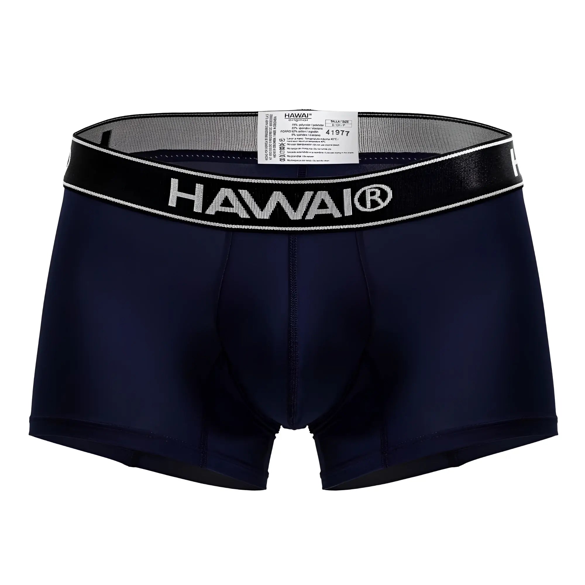 Navy blue hawaii microfiber boxer briefs with black waistband and white lettering in dark blue color hawi 41977 trunks