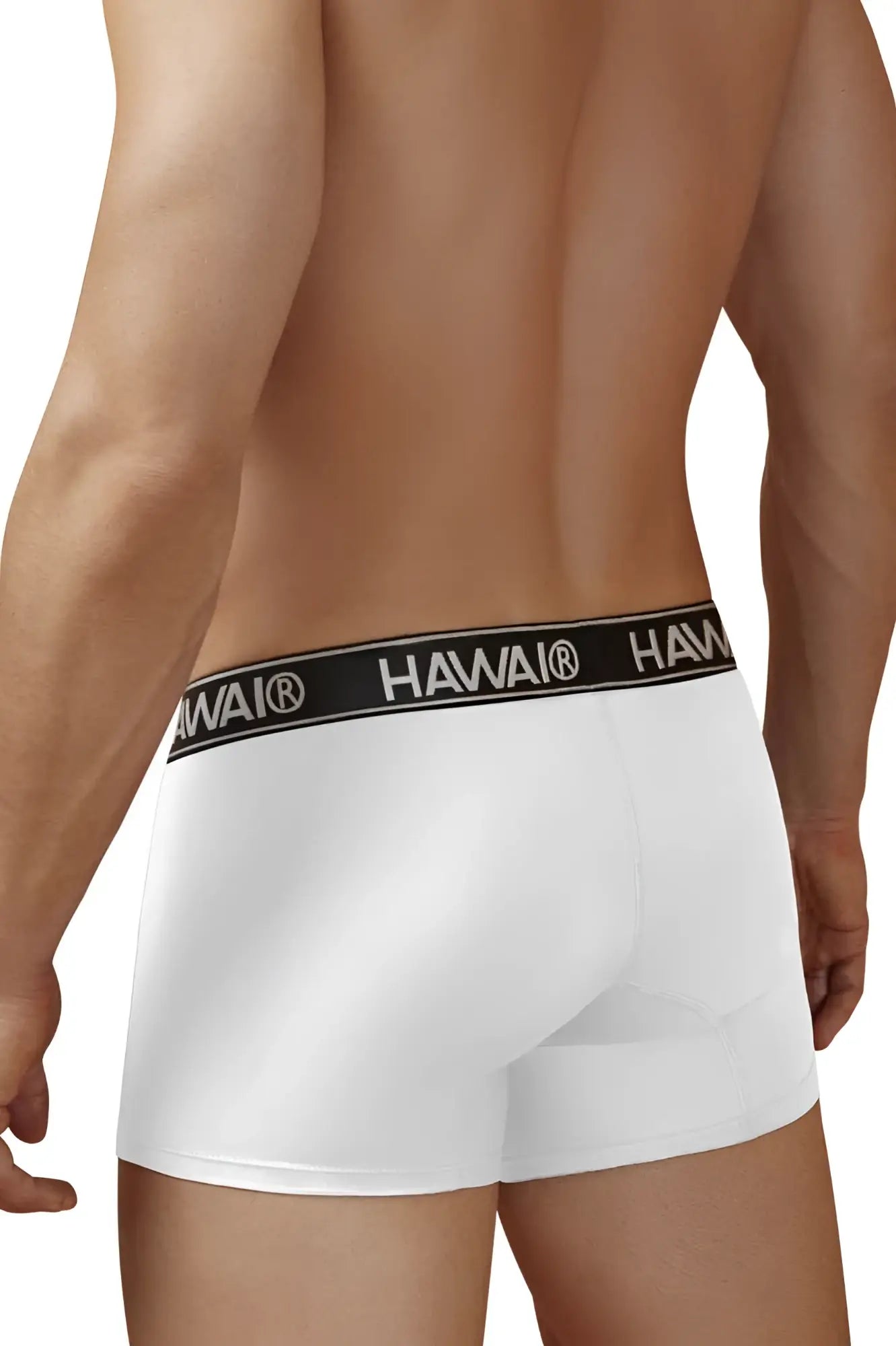 White havai briefs with black waistband featuring brand name made from microfiber in the color white
