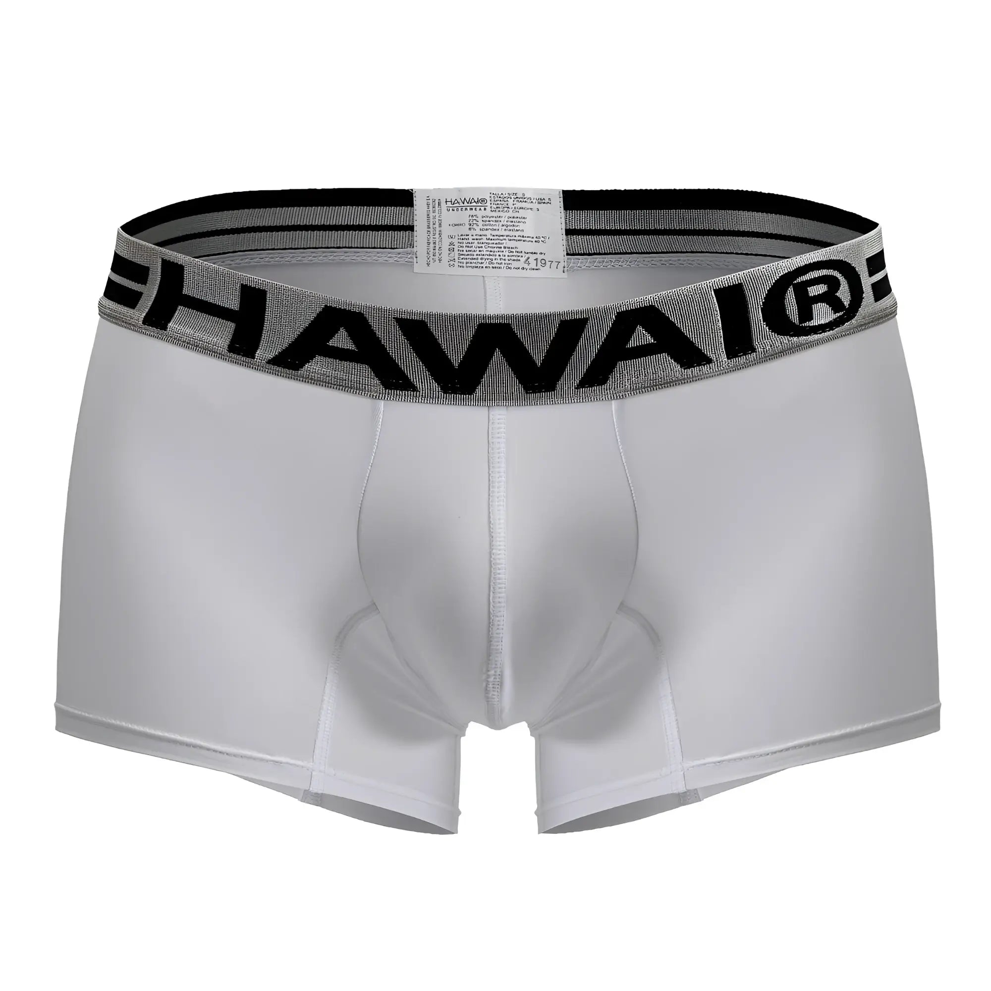 White hawai microfiber trunks in white with black and gray elastic waistband and bold lettering branding