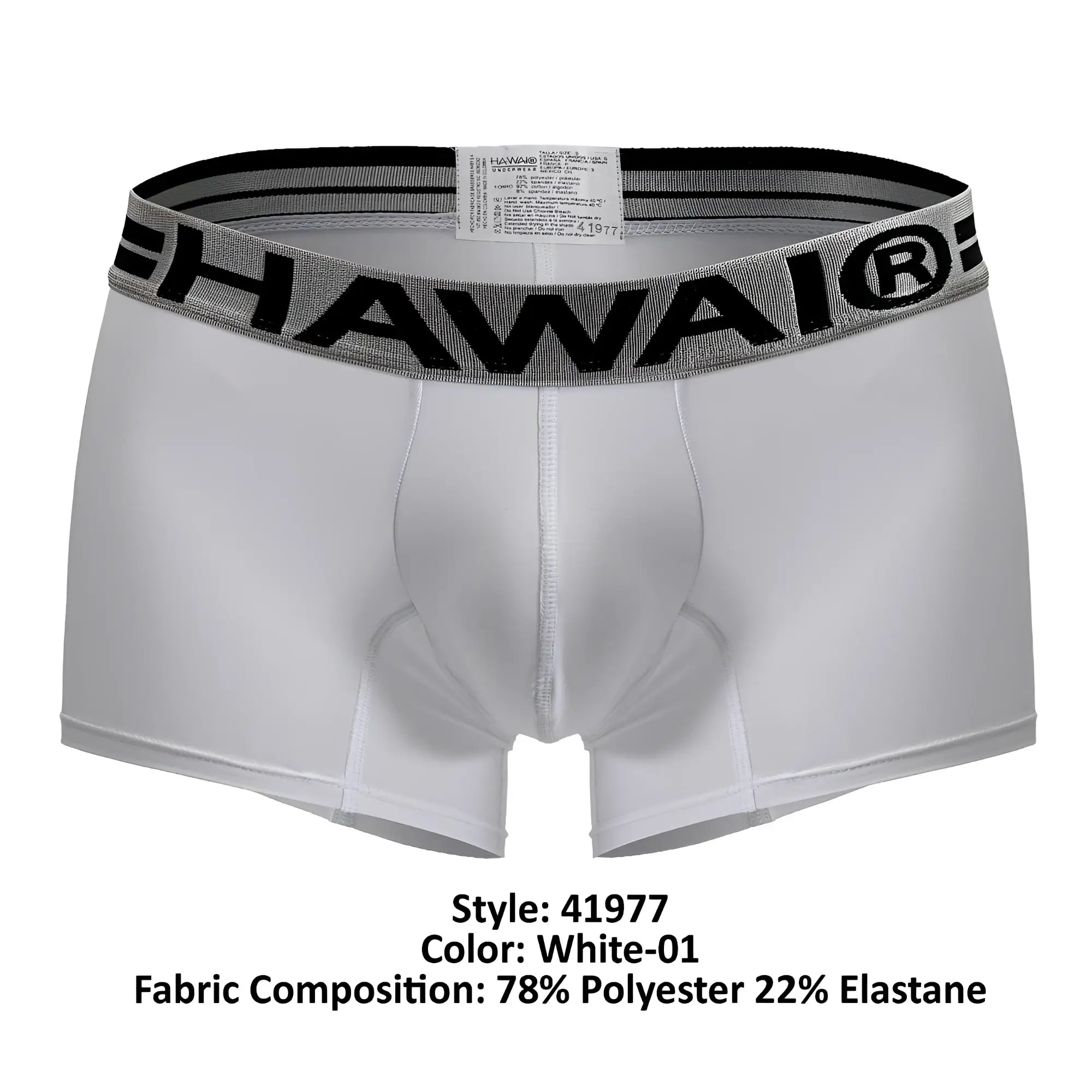 White hawai men’s microfiber boxer briefs in white with a gray and black elastic waistband for comfortable wear