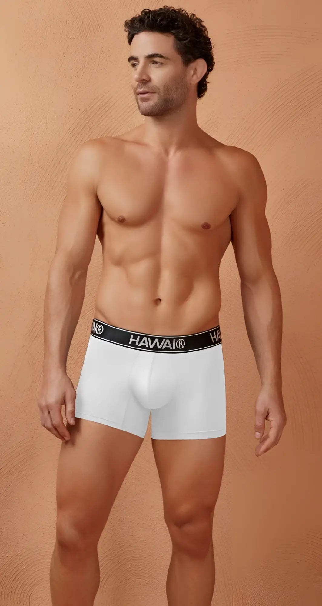 White microfiber men’s briefs with black elastic waistband featuring hawaii brand name in white lettering