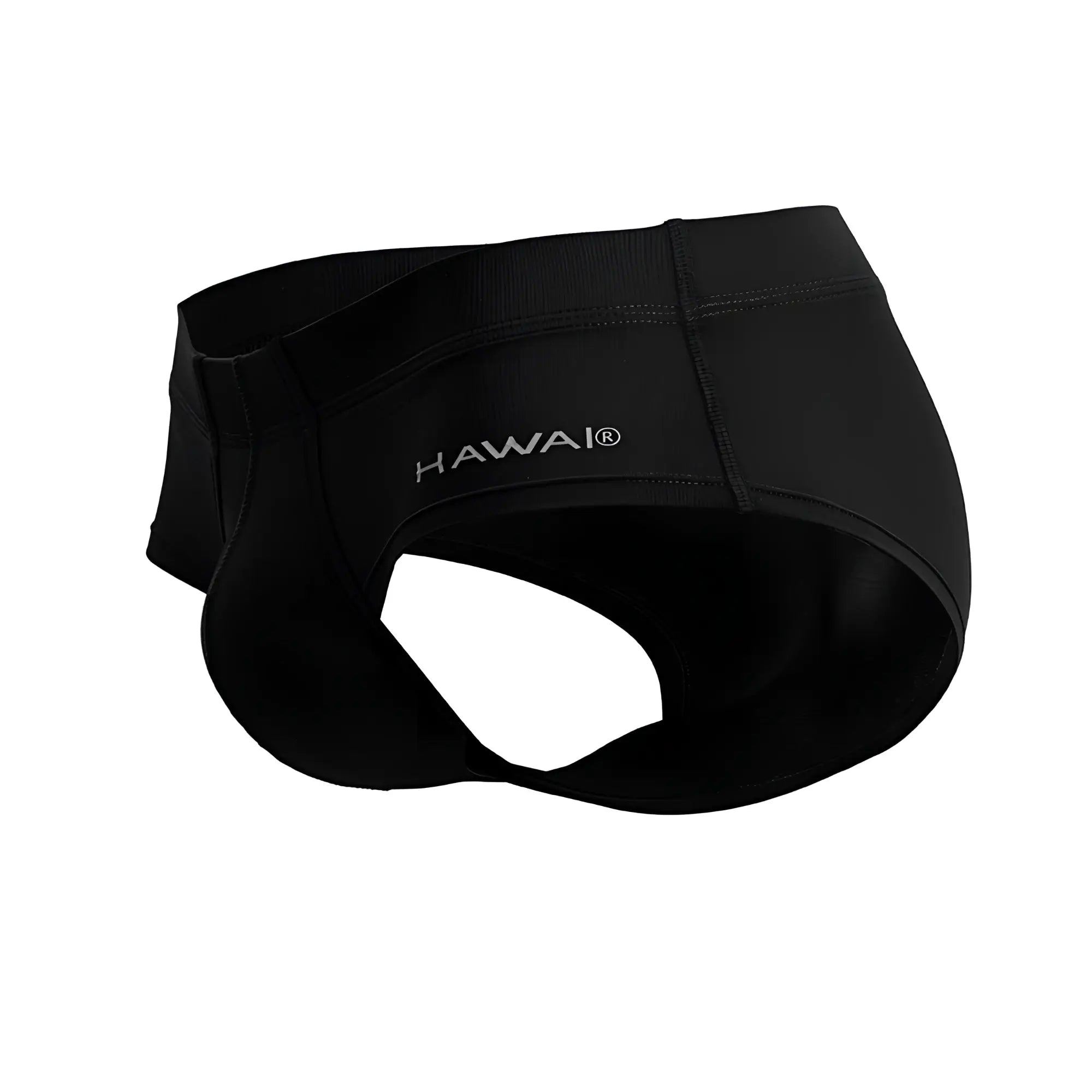 Black Hawai brand microfiber swim trunks in black with a sleek form-fitting design and elastic waistband