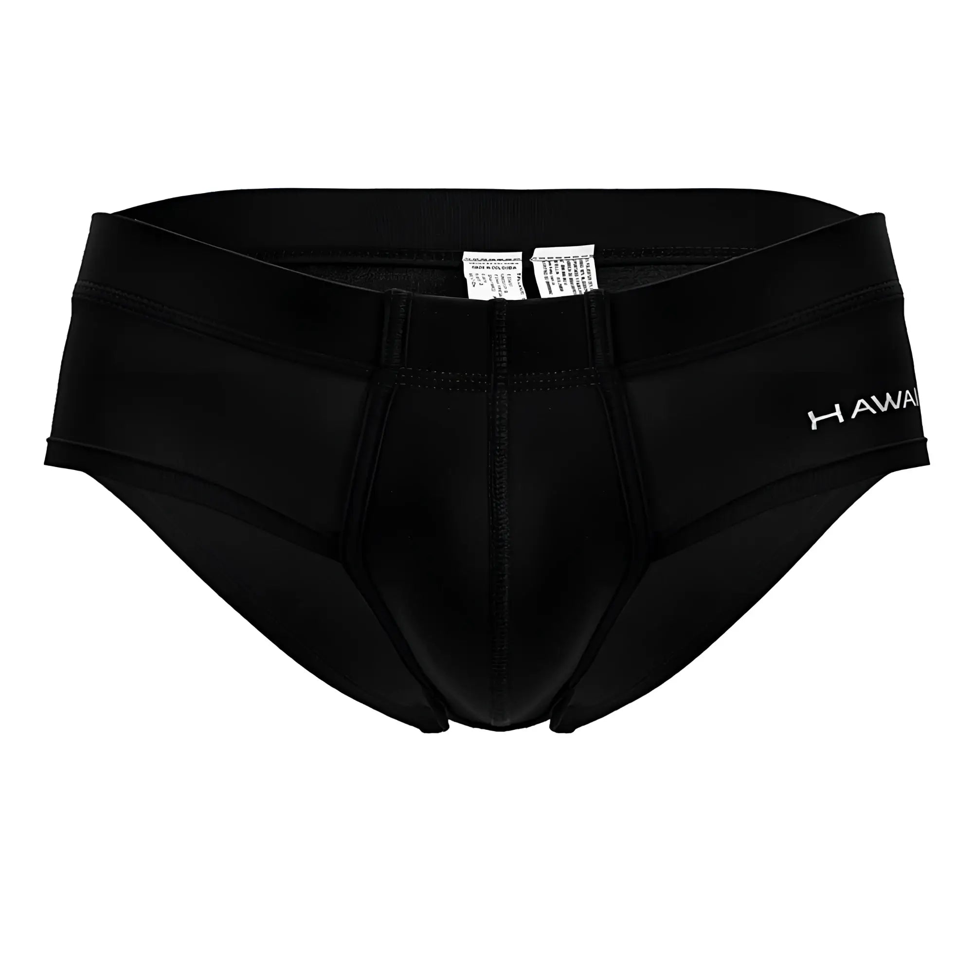 Black hawaiian brand men’s microfiber briefs in black with smooth fabric and subtle white stitching details