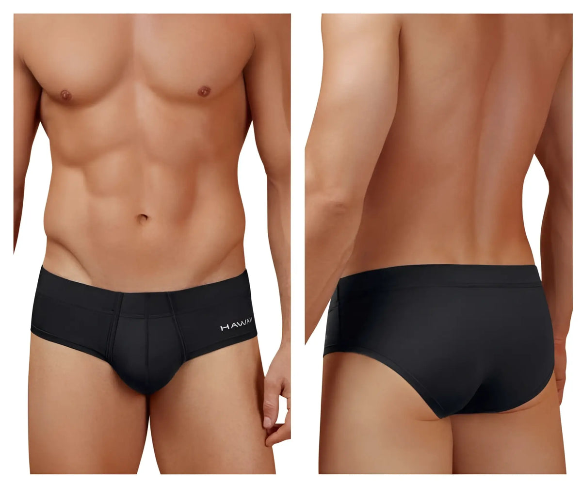 Black microfiber men’s briefs in black with a subtle hawaii logo on the waistband front side