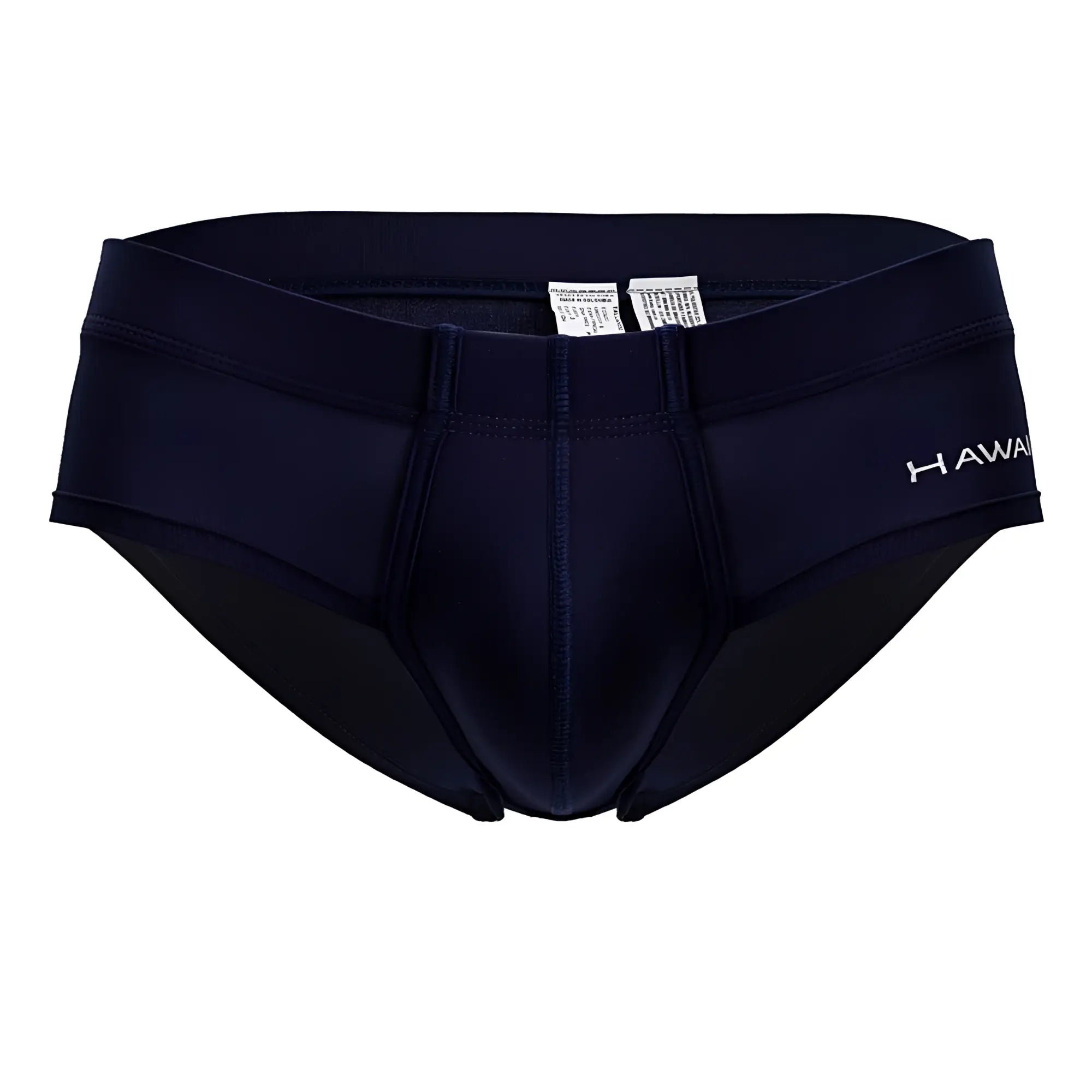 Navy blue microfiber swim trunks with subtle white Hawaii logo on the side in HAWAI 42241 microfiber briefs dark blue color
