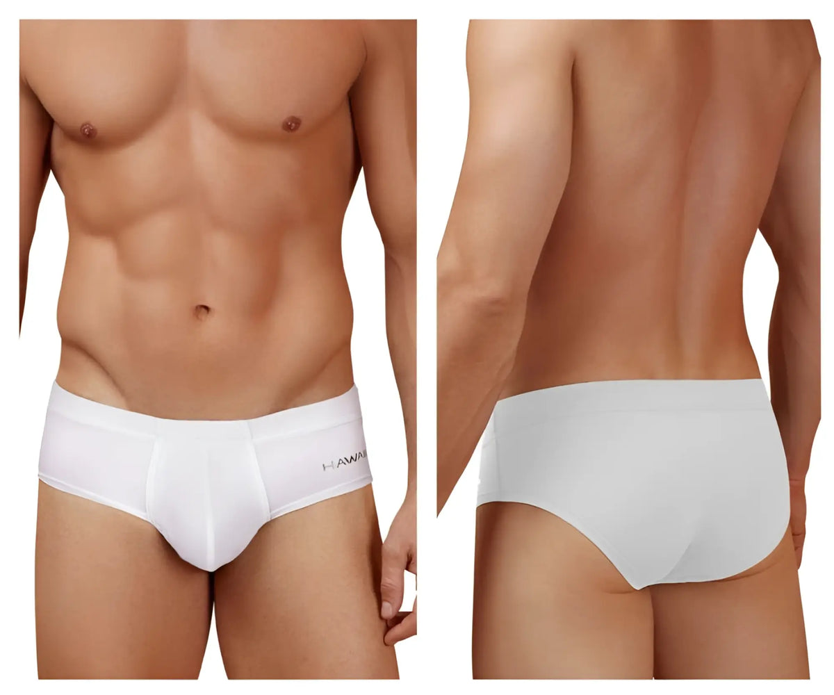 White men’s microfiber briefs in white with a subtle hawaii logo on the waistband for comfortable wear