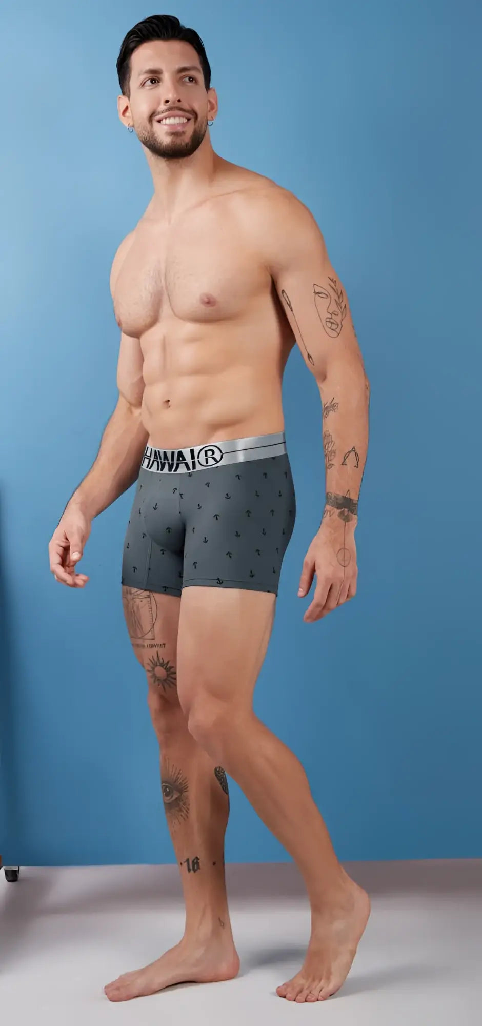 Gray cotton blend boxer briefs with subtle pattern and silver waistband featuring hanna logo for comfortable wear