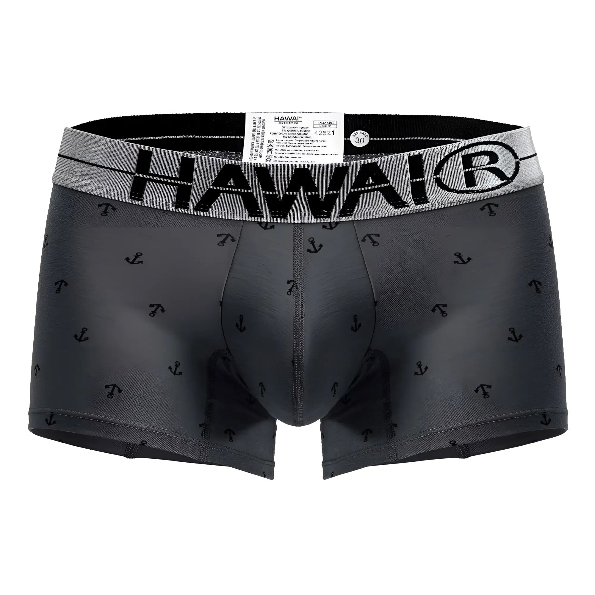 Gray Hawai 42521 cotton blend boxer briefs with black anchor pattern and gray waistband featuring brand logo