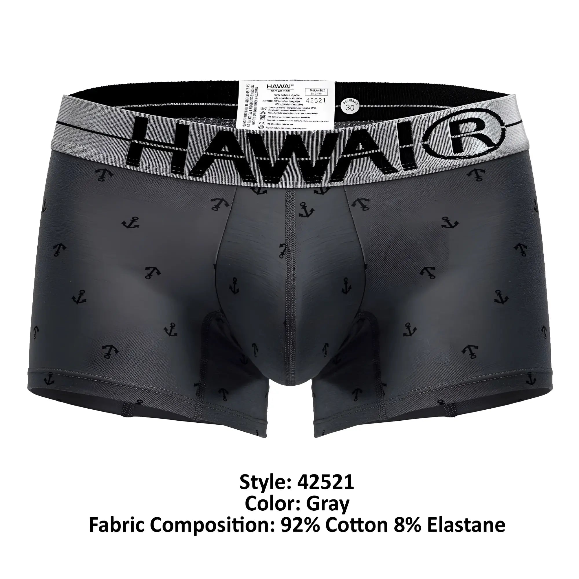 Gray hawai 42521 cotton blend men’s boxer briefs with black anchor pattern and elastic waistband