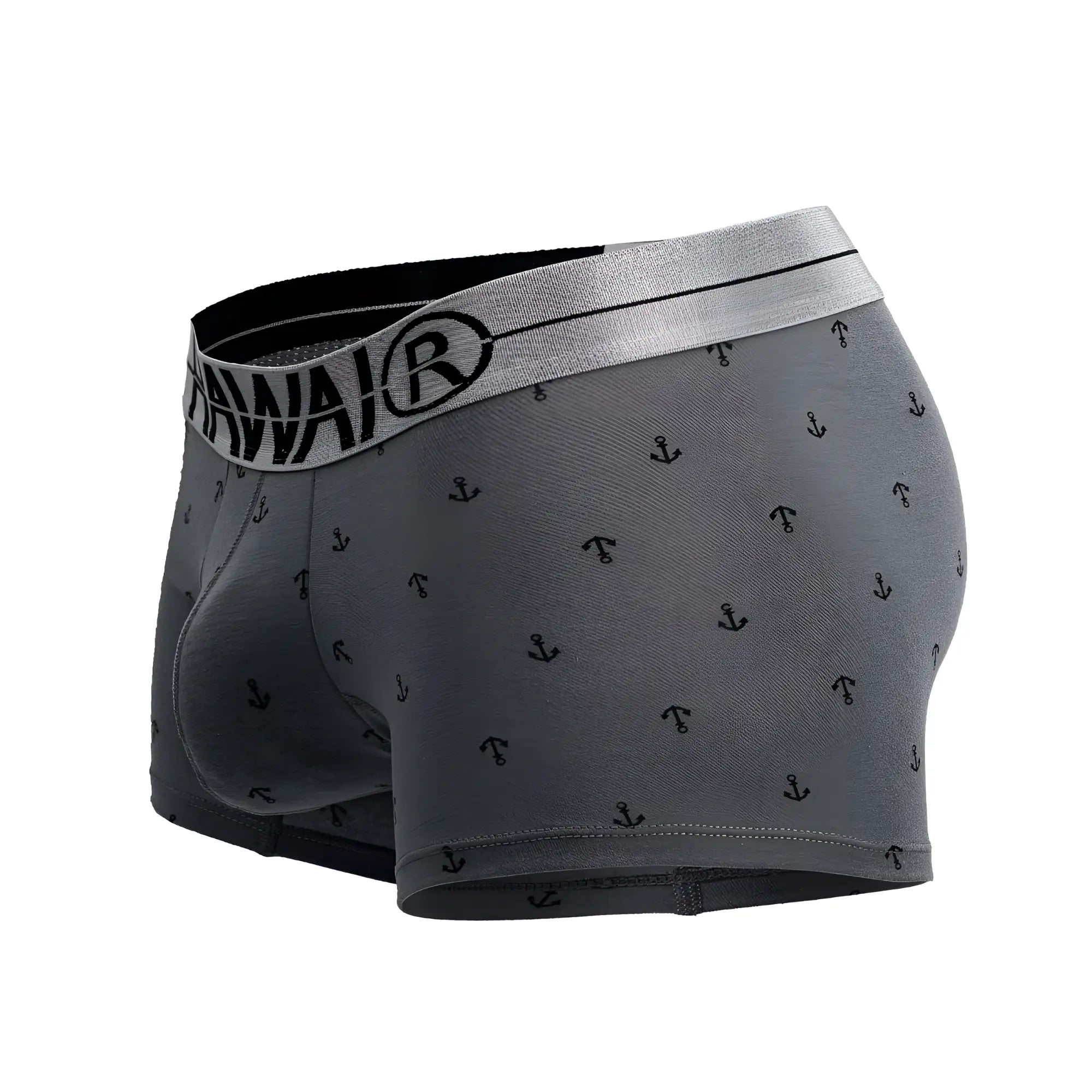 Gray men’s cotton blend boxer briefs with subtle black anchor pattern and silver waistband featuring hawai logo