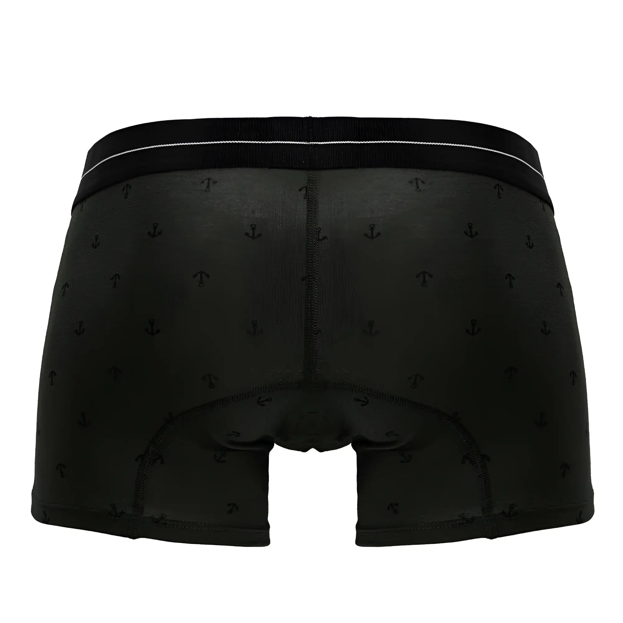 Black cotton blend boxer briefs with subtle anchor pattern and white waistband trim in military green trunks style