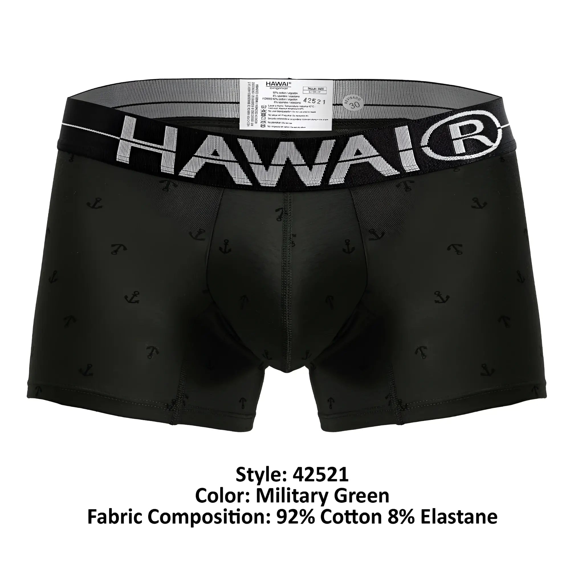 Black men’s boxer briefs with subtle anchor pattern and bold white hawai logo in military green cotton blend