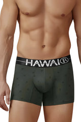 Dark green cotton blend boxer briefs with black waistband featuring white hawaii logo and anchor patterns military green
