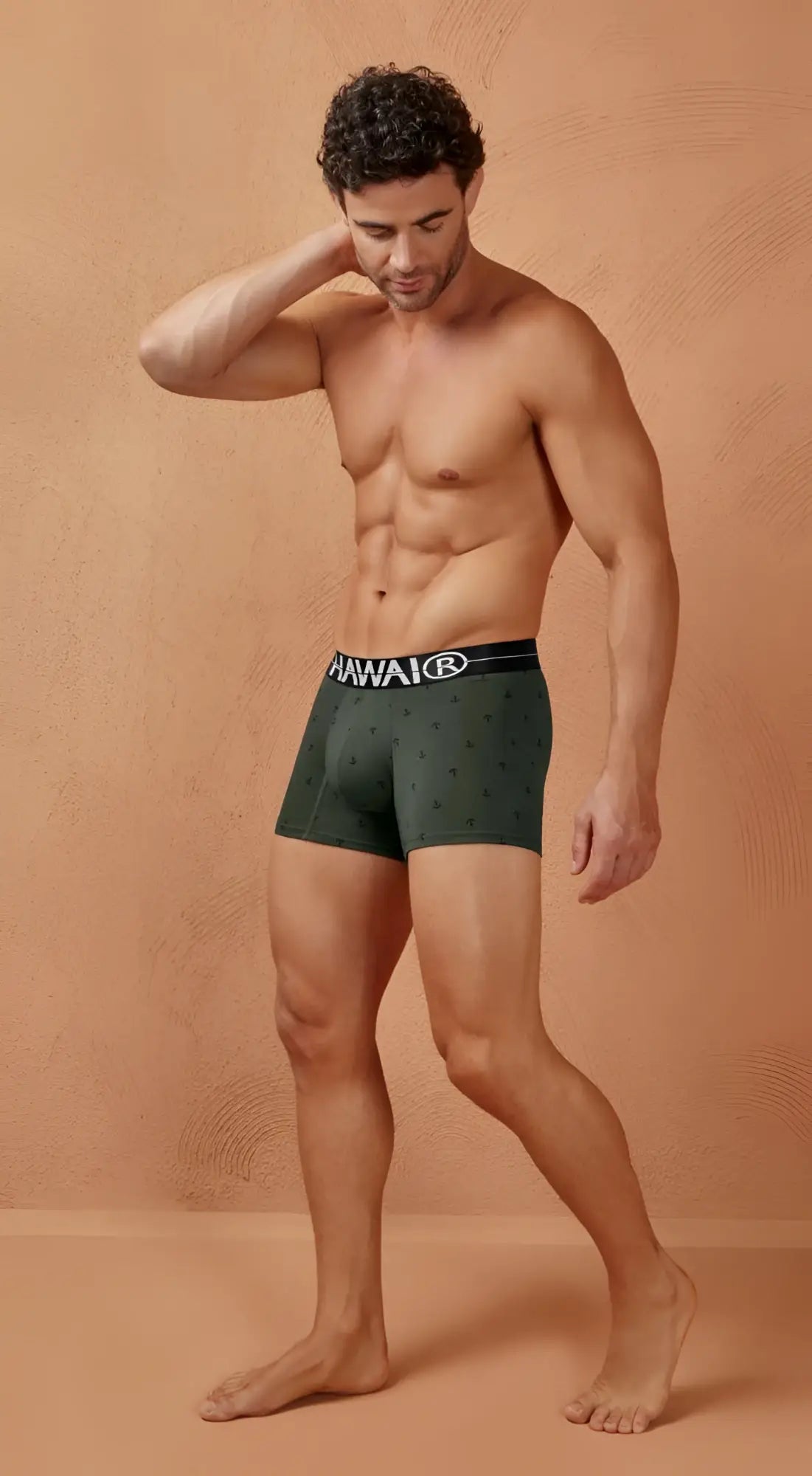 Dark green hawaiian boxer briefs with black waistband featuring brand logo made of cotton blend military green color